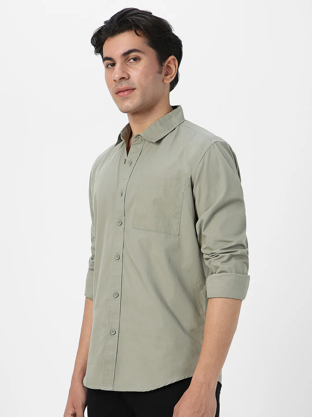 Men's Olive Cotton Full Sleeve Regular Fit Casual Solid Shirt - Image 3