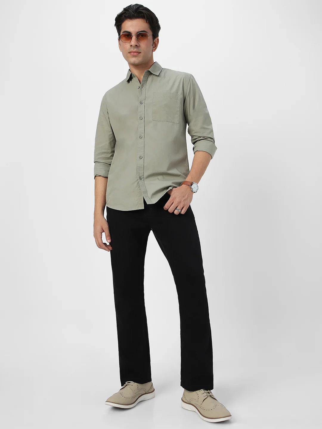 Men's Olive Cotton Full Sleeve Regular Fit Casual Solid Shirt - Image 5