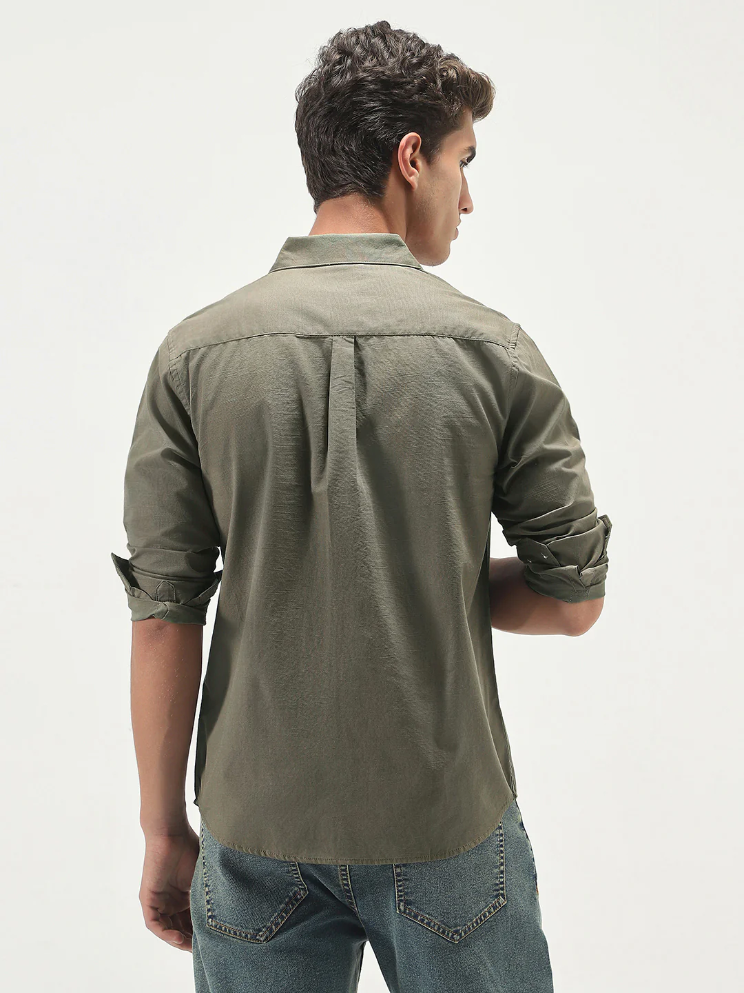 Men's Olive Cotton Full Sleeve Regular Fit Casual Solid Slub Shirt with Spread Collar - Image 3
