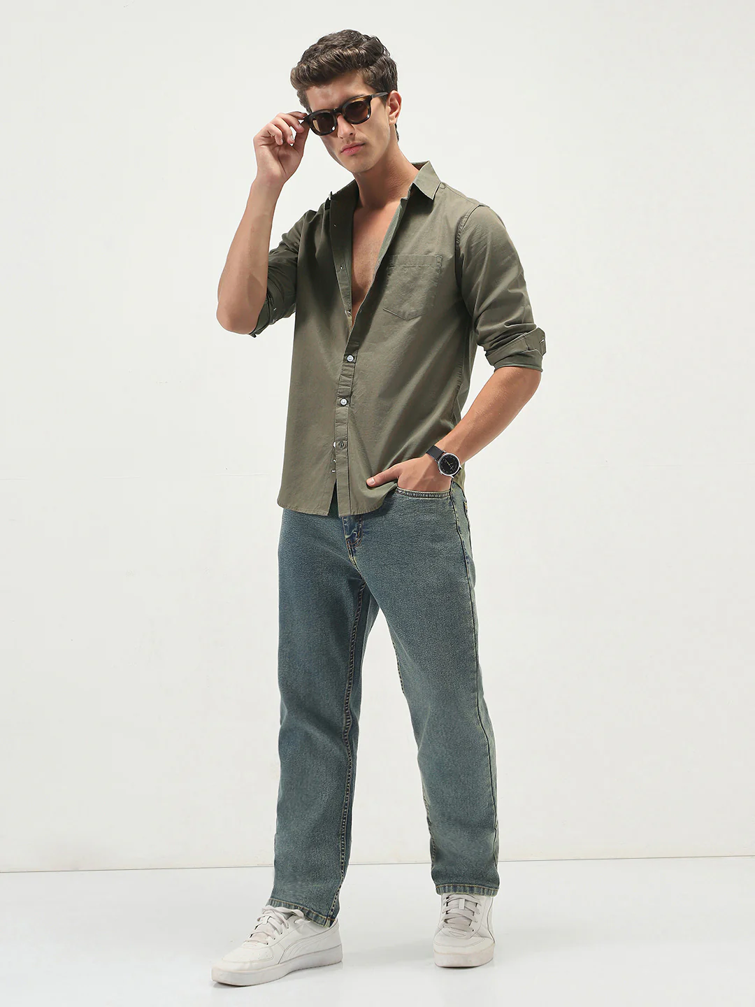 Men's Olive Cotton Full Sleeve Regular Fit Casual Solid Slub Shirt with Spread Collar - Image 4