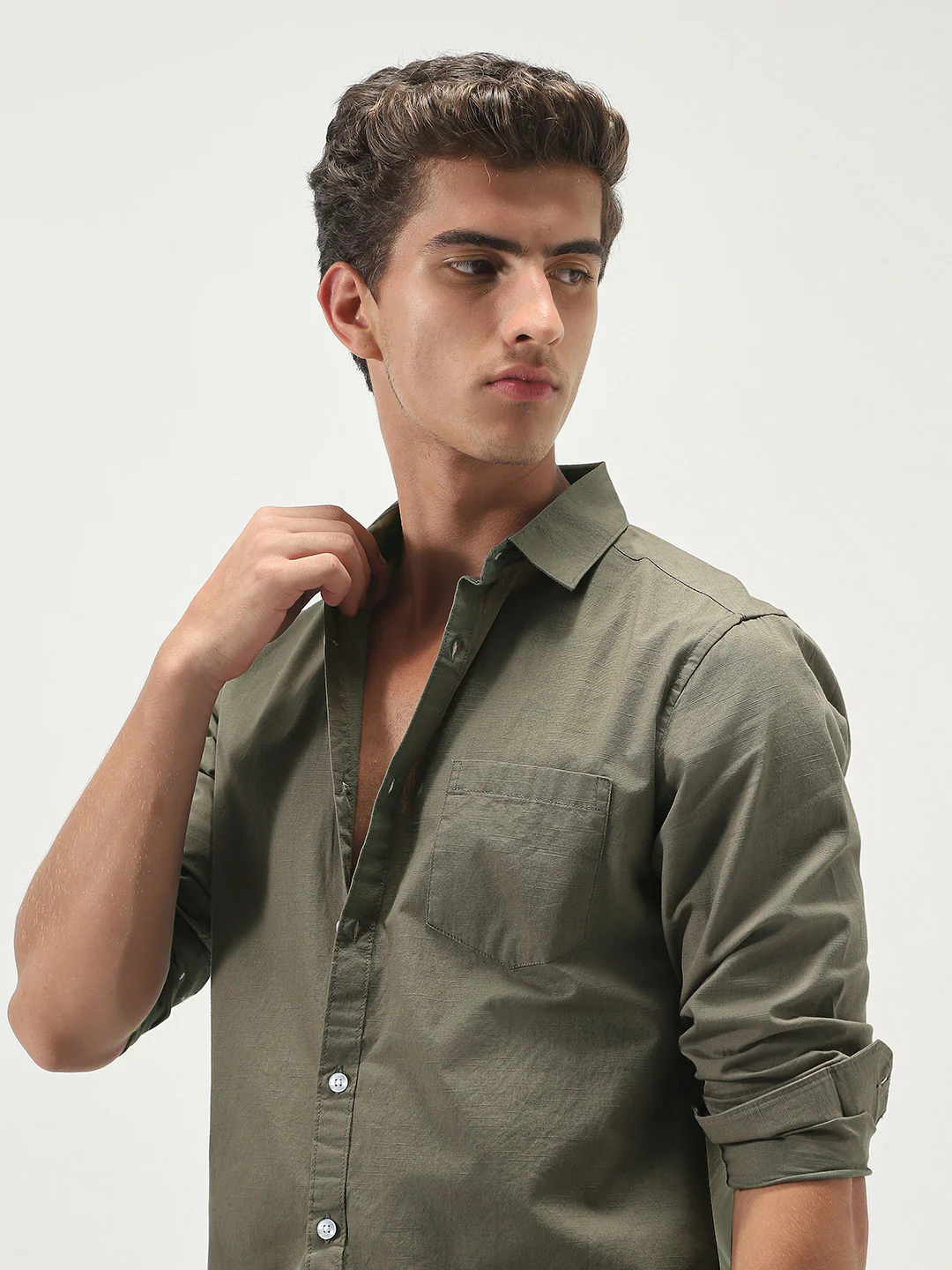 Men's Olive Cotton Full Sleeve Regular Fit Casual Solid Slub Shirt with Spread Collar - Image 5