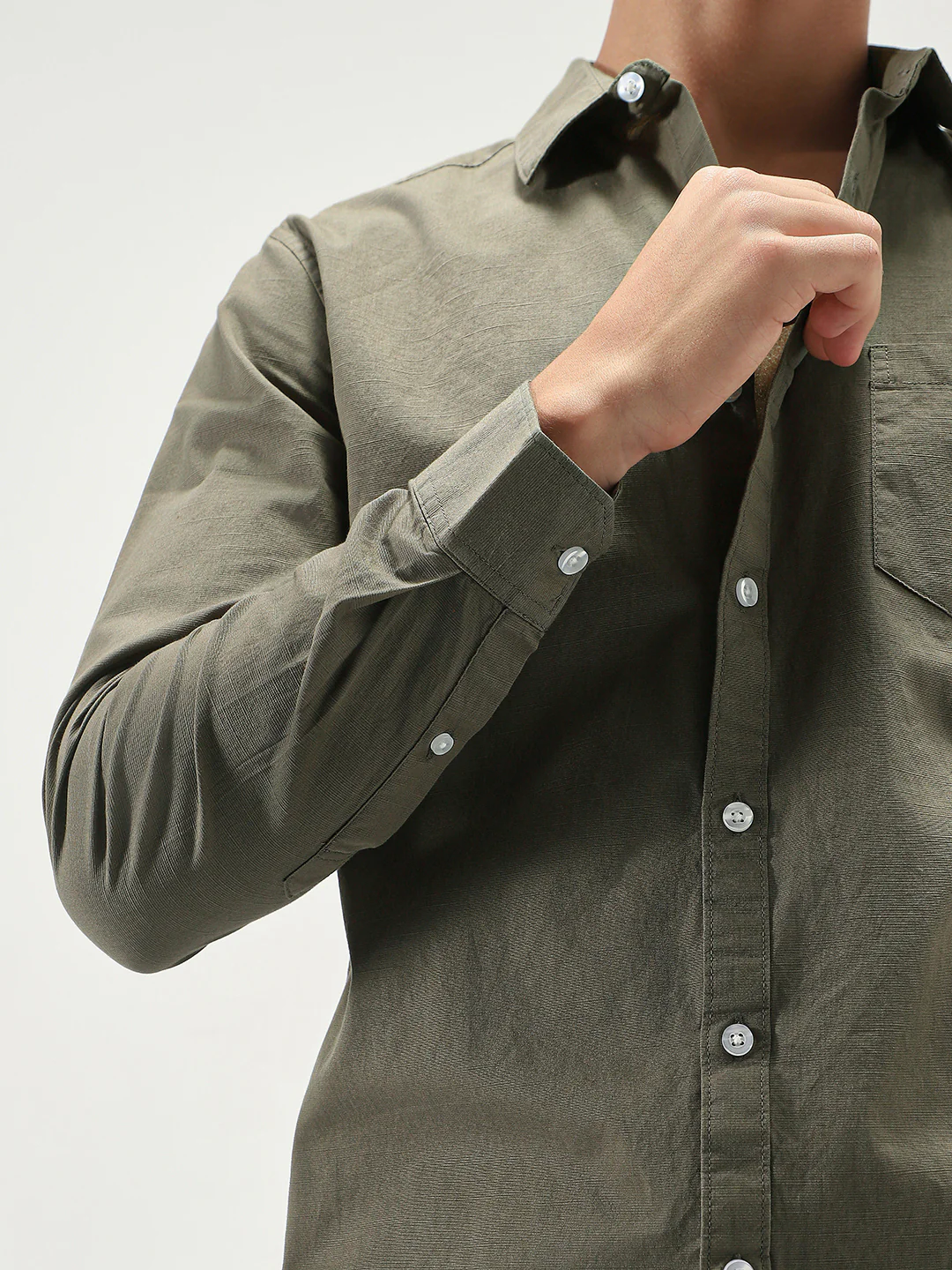 Men's Olive Cotton Full Sleeve Regular Fit Casual Solid Slub Shirt with Spread Collar - Image 6