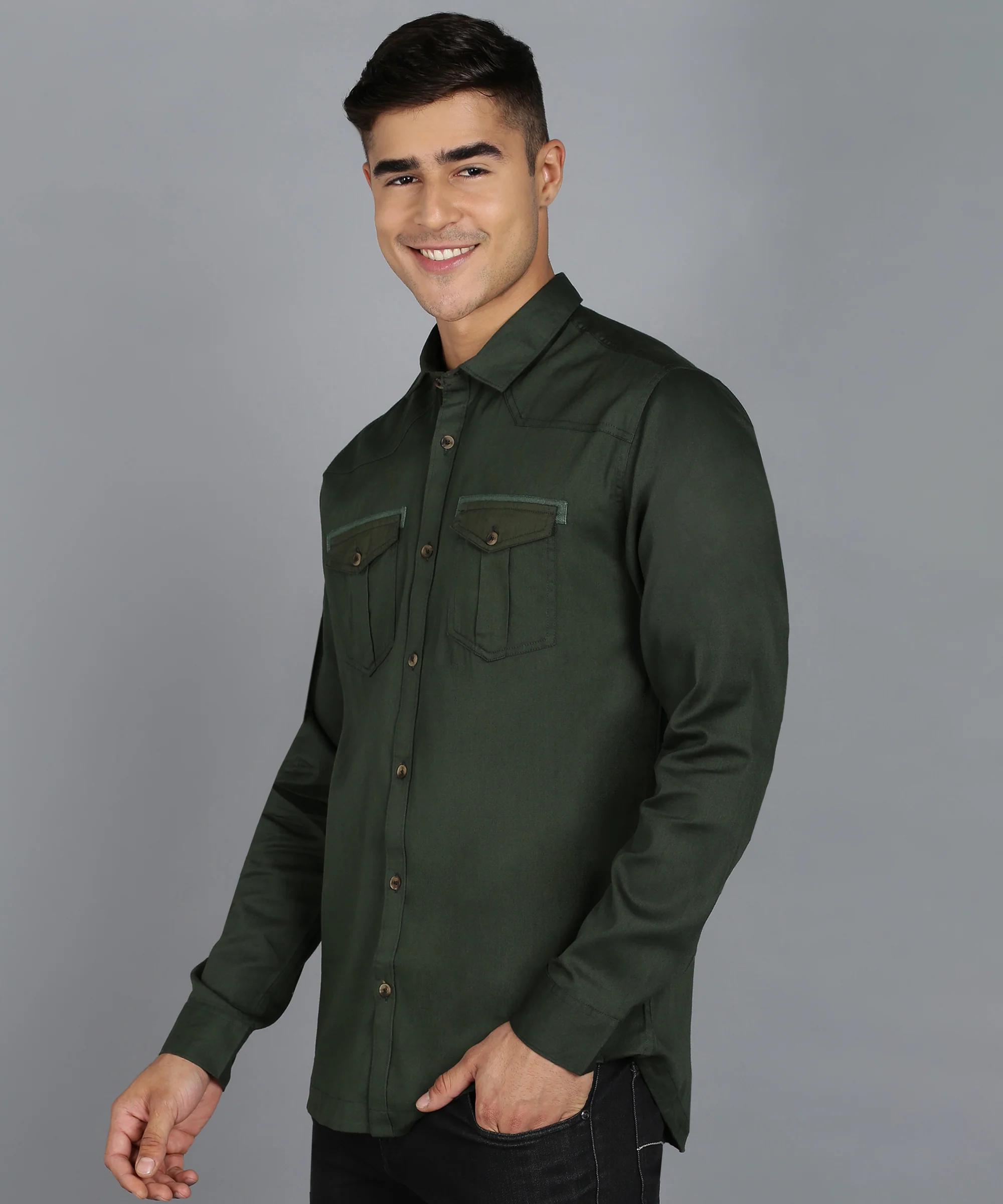 Men's Olive Cotton Full Sleeve Slim Fit Casual Solid Shirt - Image 2