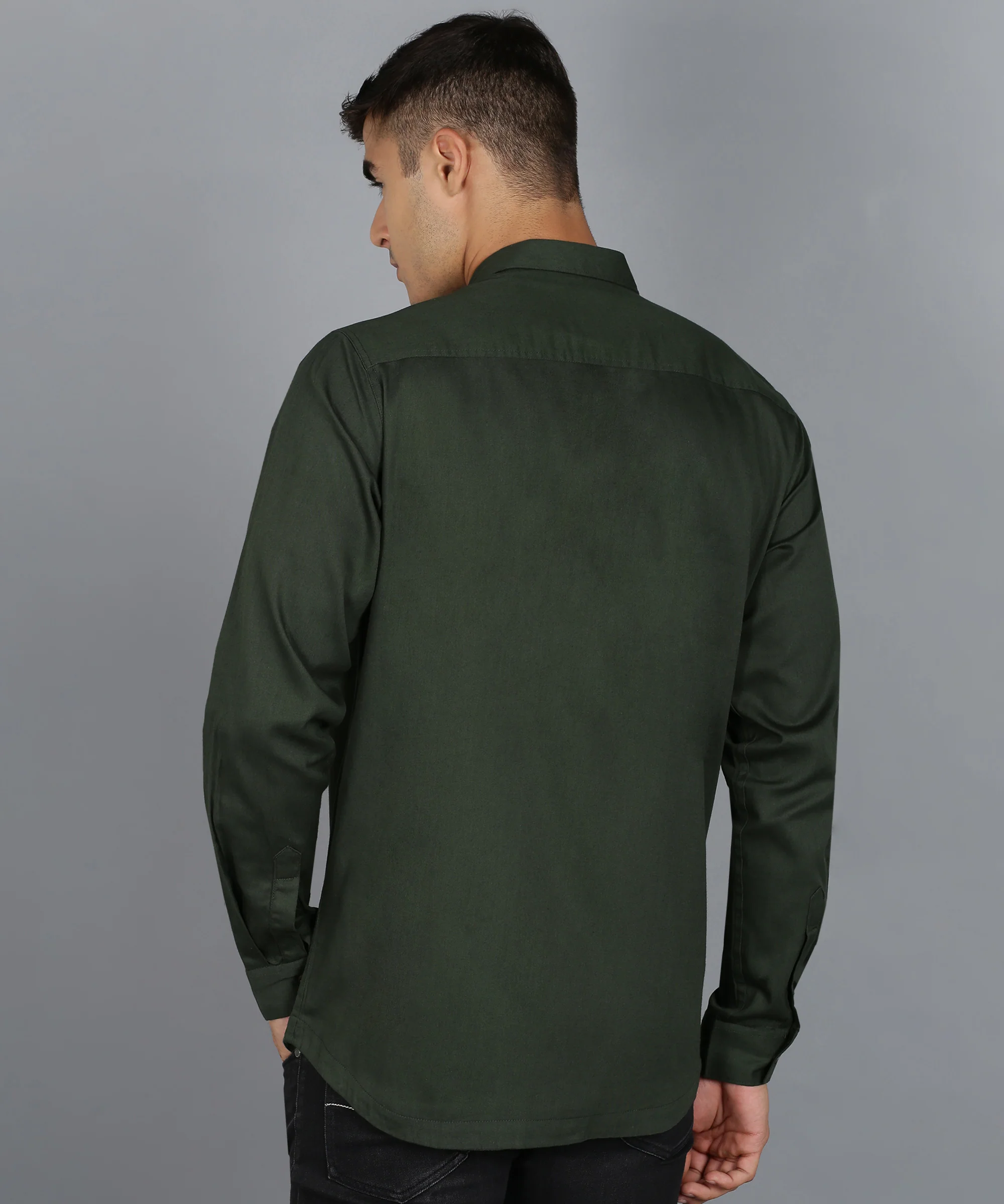 Men's Olive Cotton Full Sleeve Slim Fit Casual Solid Shirt - Image 3