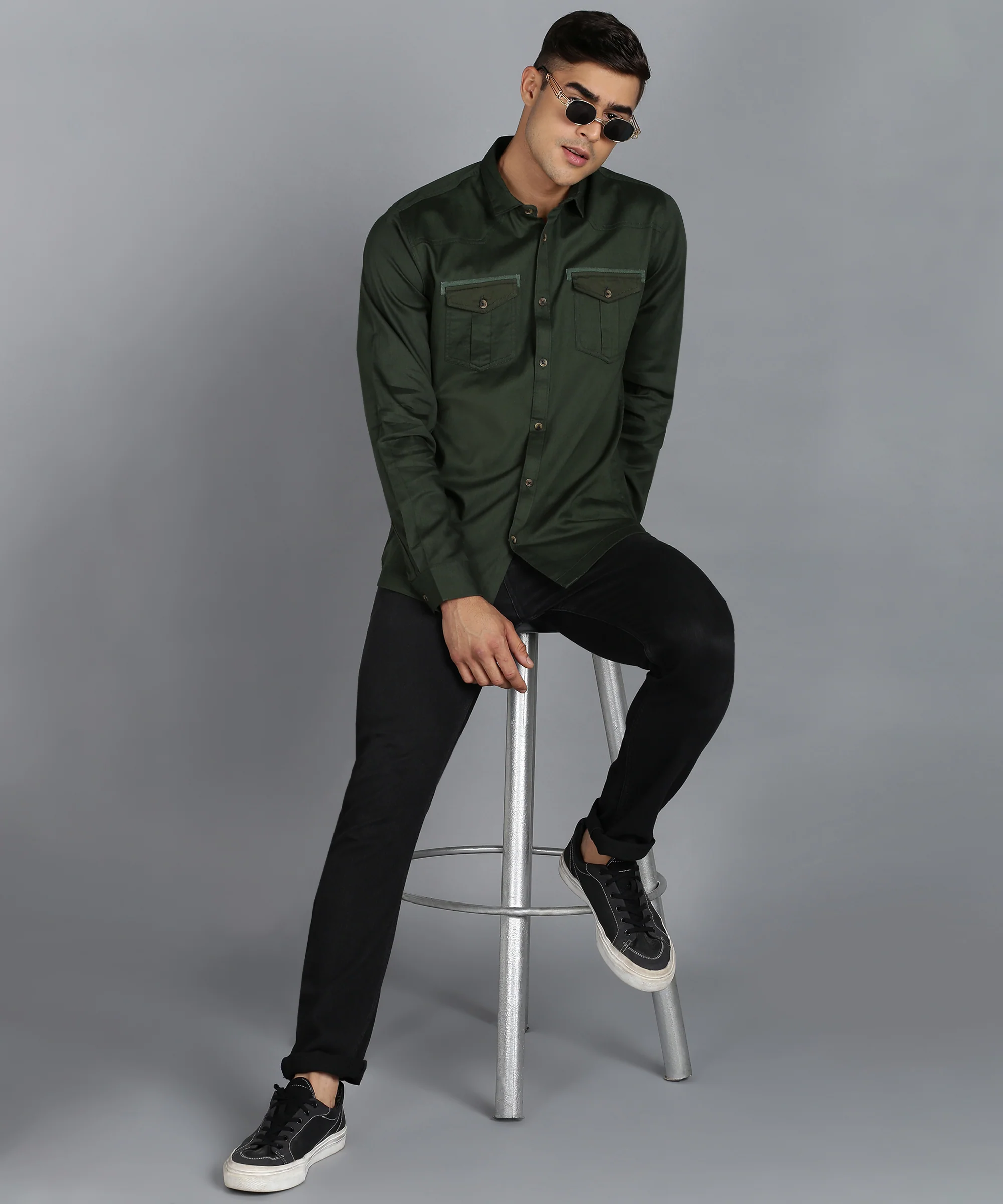 Men's Olive Cotton Full Sleeve Slim Fit Casual Solid Shirt - Image 4