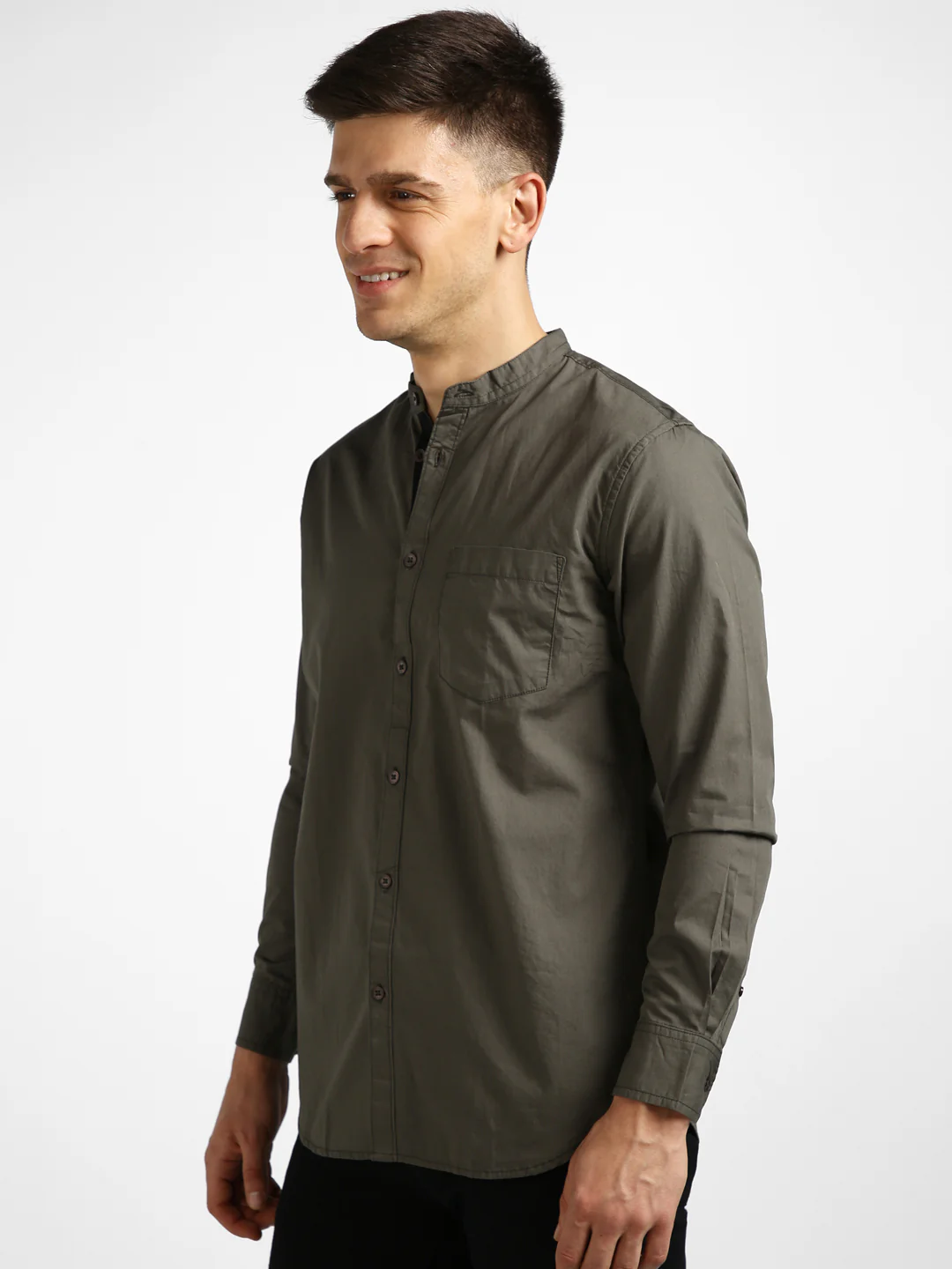 Men's Olive Cotton Full Sleeve Slim Fit Solid Shirt with Mandarin Collar - Image 3