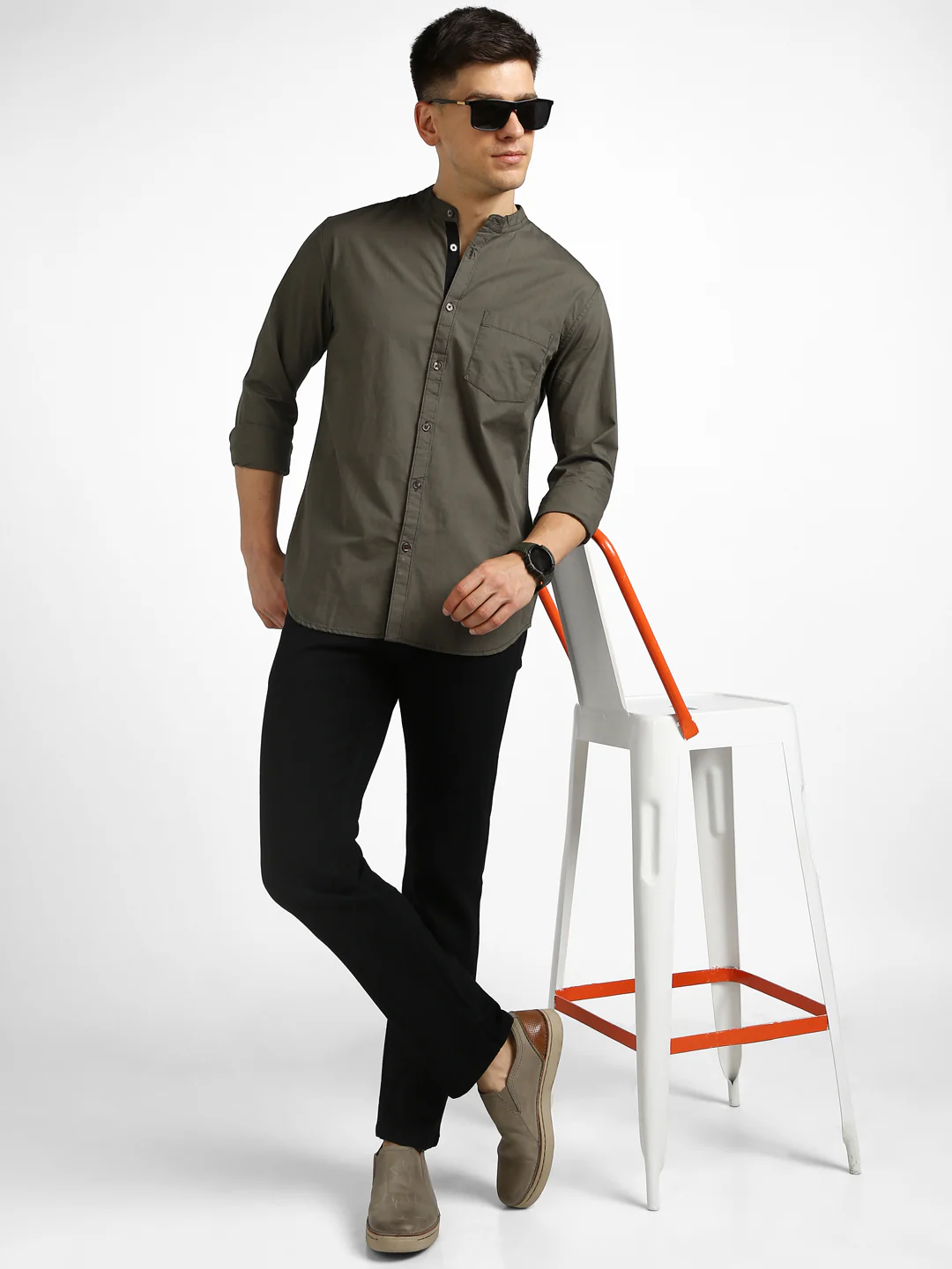 Men's Olive Cotton Full Sleeve Slim Fit Solid Shirt with Mandarin Collar - Image 4
