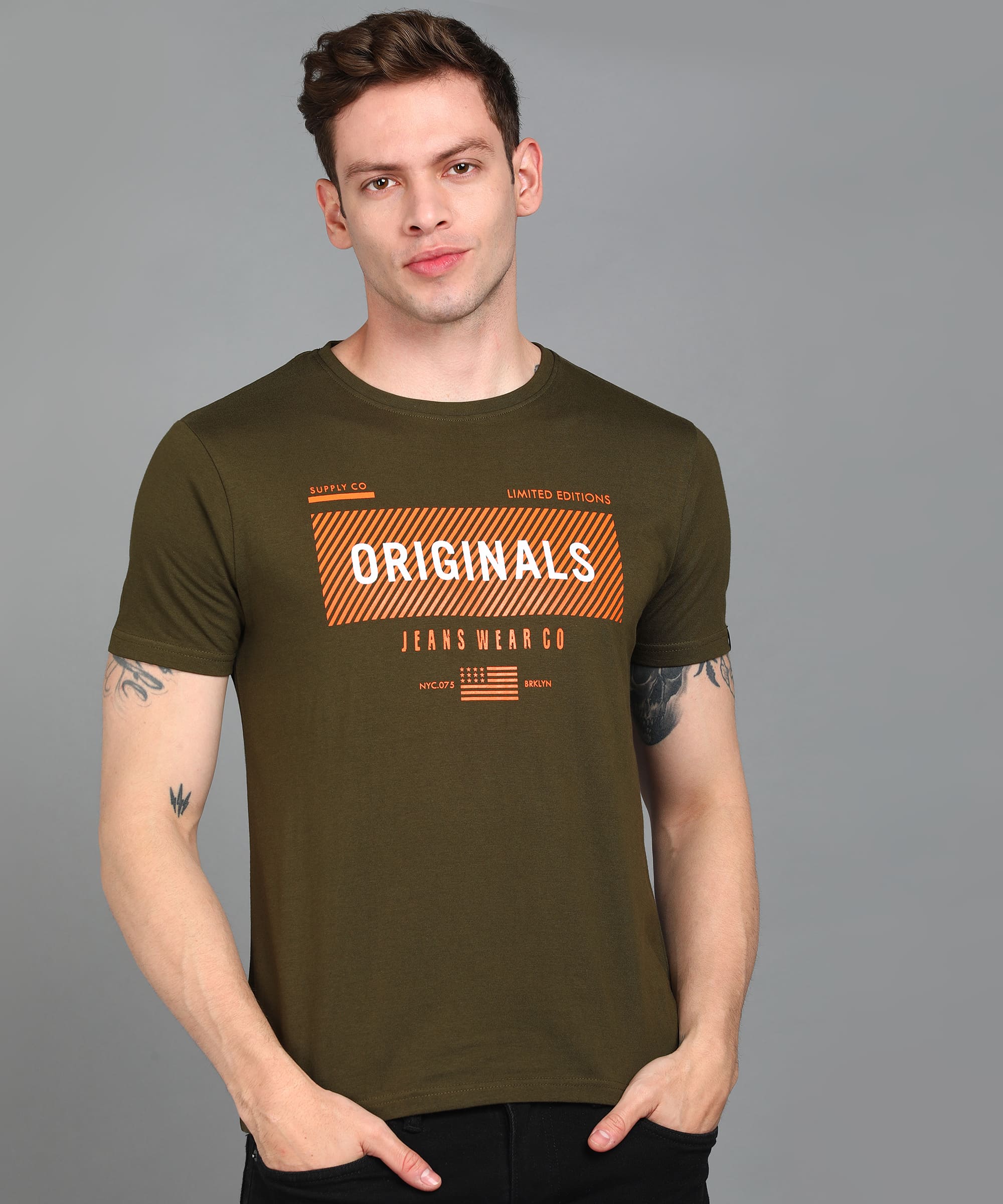 Urbano Fashion Men's Olive Graphic Printed Round Neck Half Sleeve Slim Fit Cotton T-Shirt