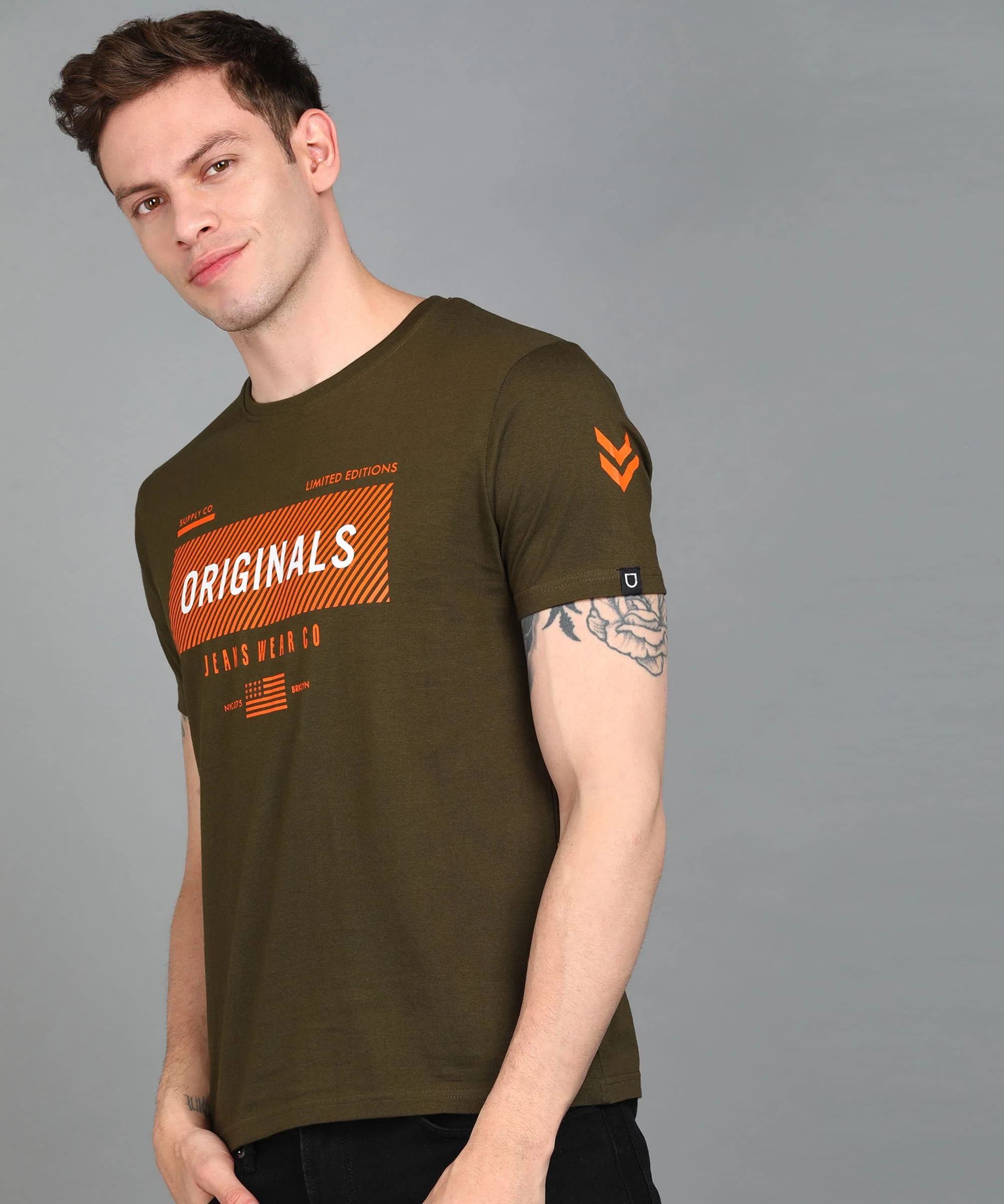 Urbano Fashion Men's Olive Graphic Printed Round Neck Half Sleeve Slim Fit Cotton T-Shirt - Image 2