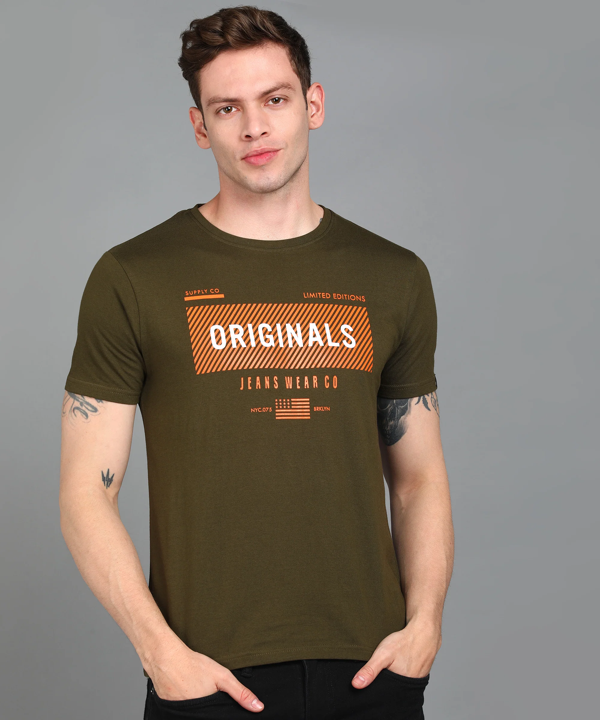 Urbano Fashion Men's Olive Graphic Printed Round Neck Half Sleeve Slim Fit Cotton T-Shirt