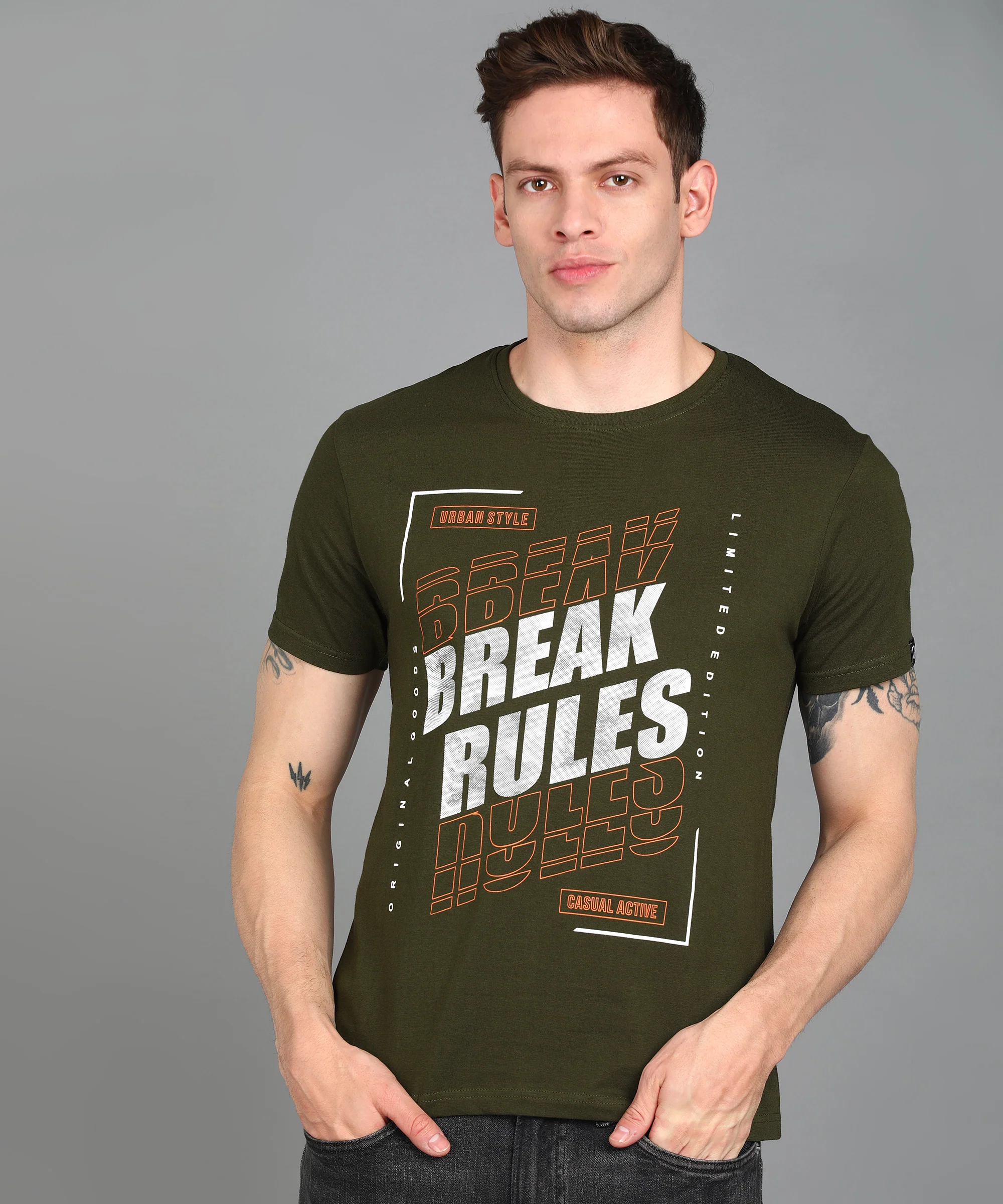 Urbano Fashion Men's Olive Graphic Printed Round Neck Half Sleeve Slim Fit Cotton T-Shirt