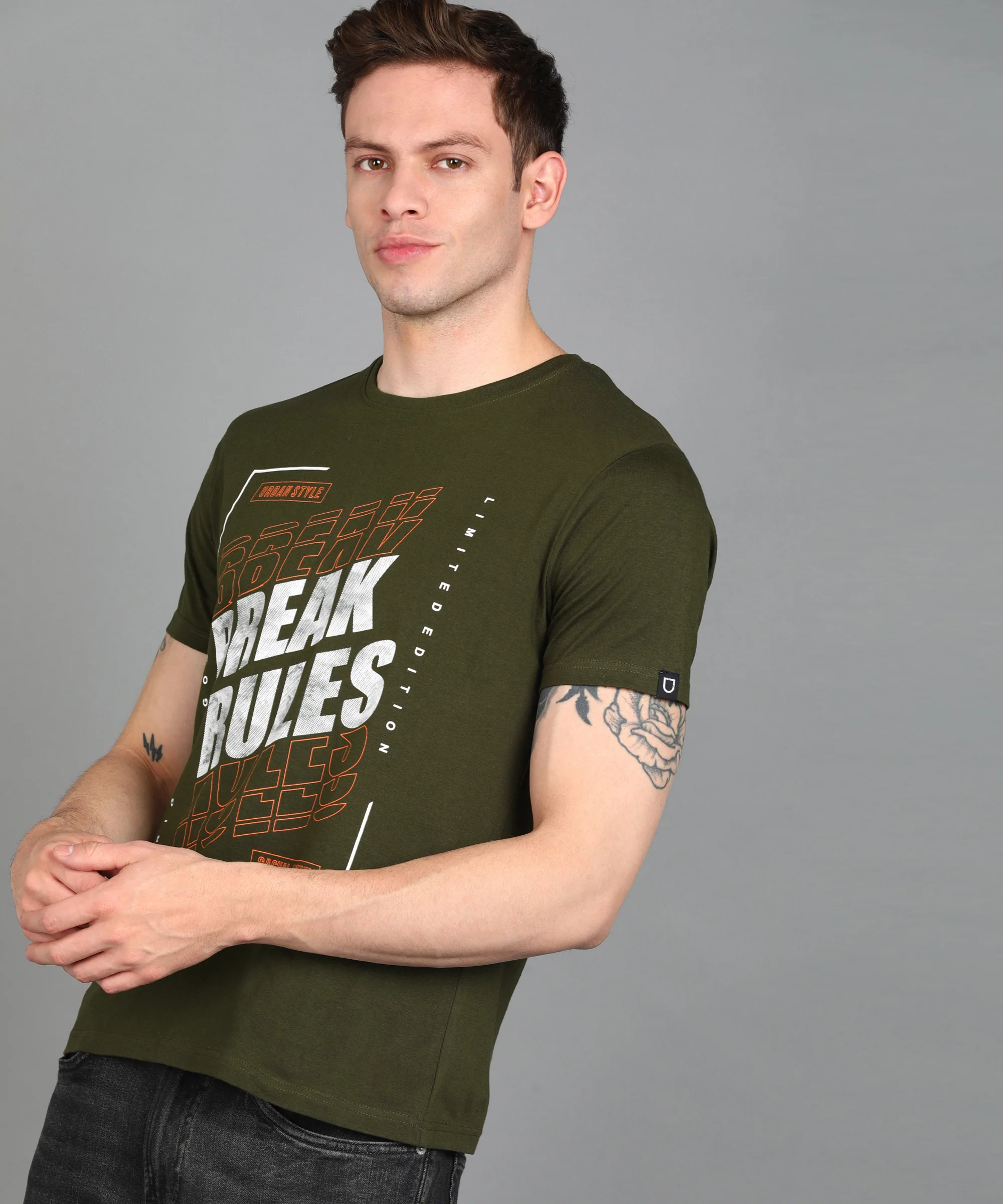 Urbano Fashion Men's Olive Graphic Printed Round Neck Half Sleeve Slim Fit Cotton T-Shirt - Image 2