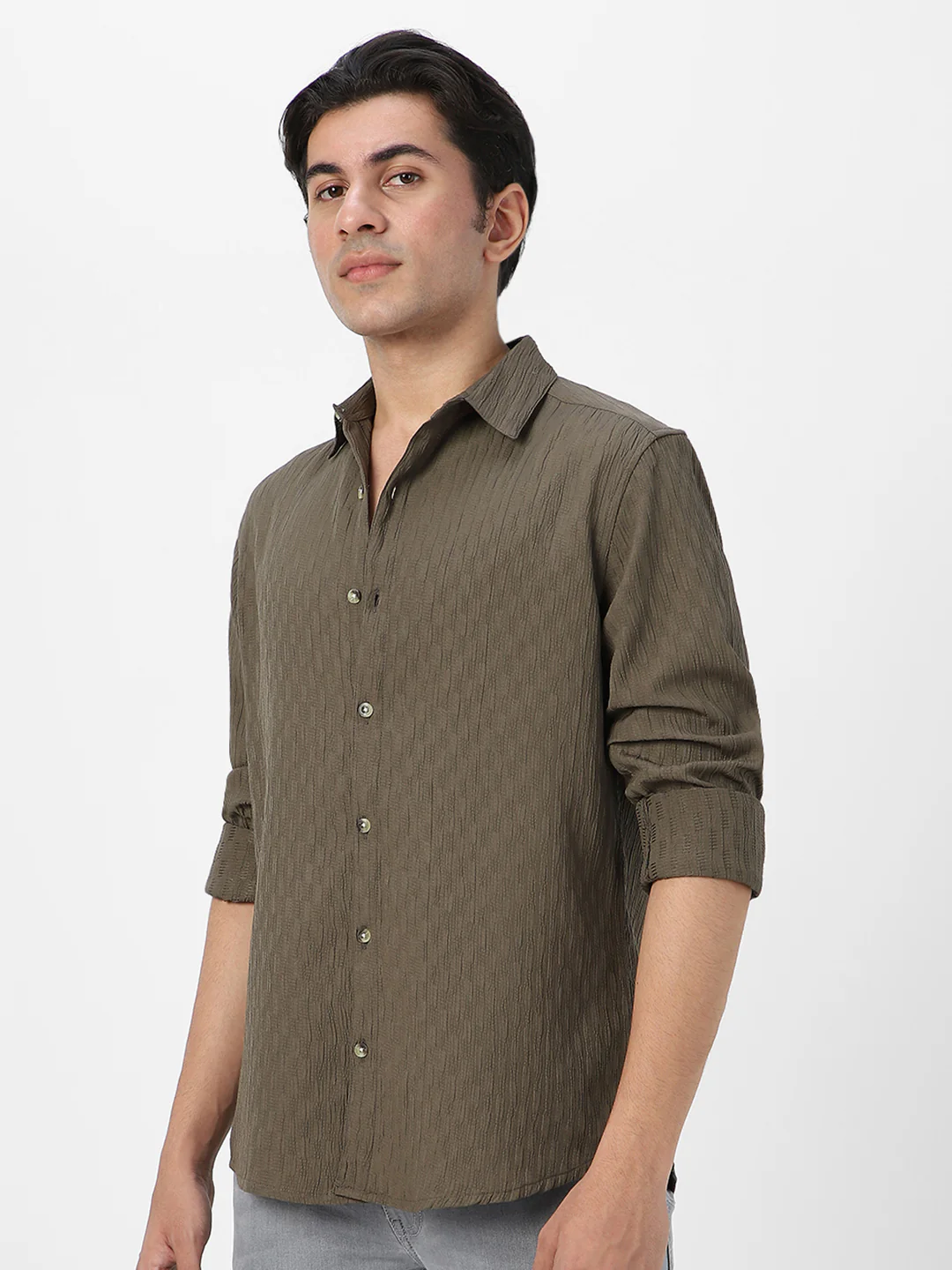 Men's Olive Green Cotton Full Sleeve Regular Fit Textured Shirt with Spread Collar - Image 3