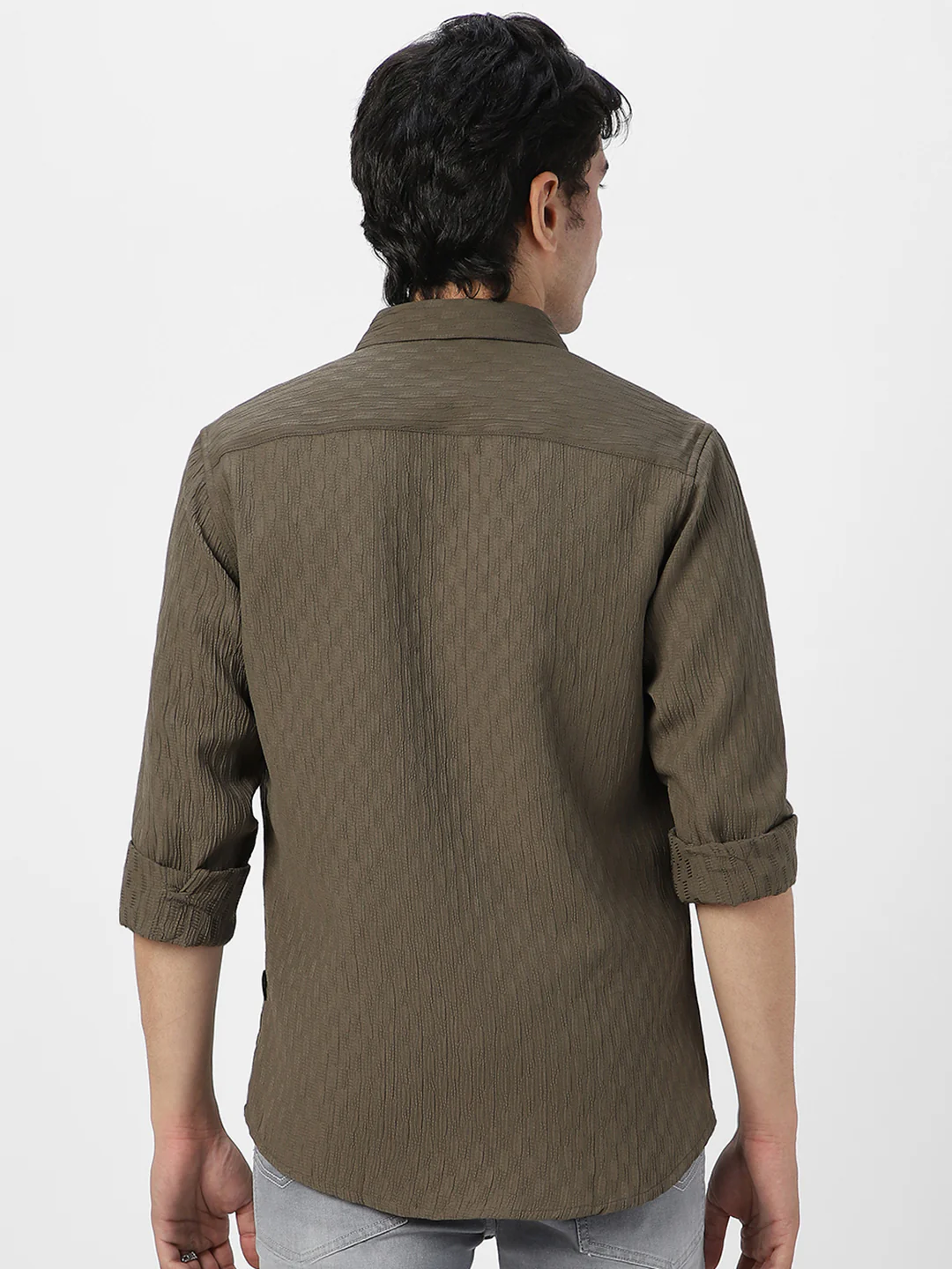 Men's Olive Green Cotton Full Sleeve Regular Fit Textured Shirt with Spread Collar - Image 4