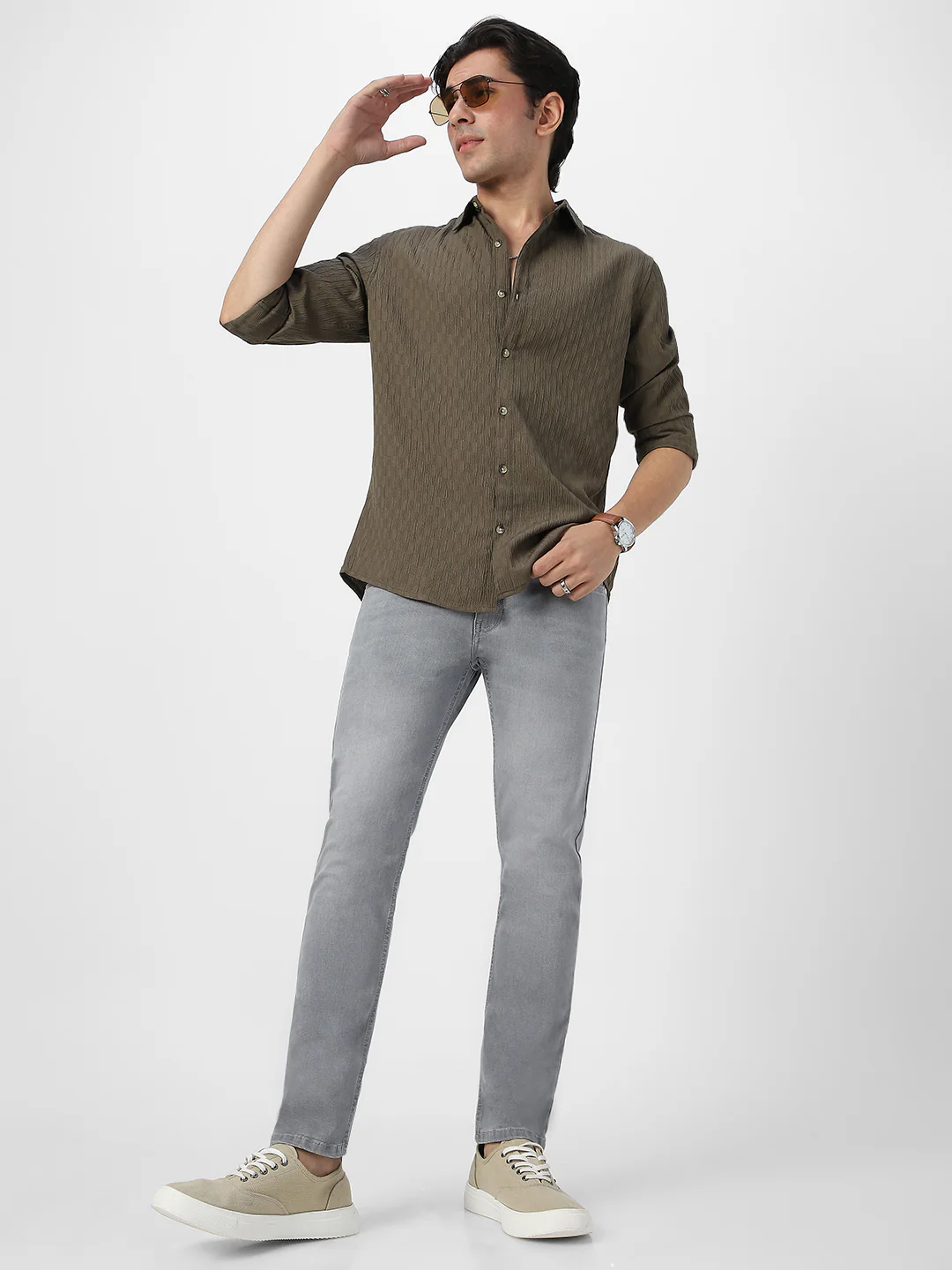 Men's Olive Green Cotton Full Sleeve Regular Fit Textured Shirt with Spread Collar - Image 5