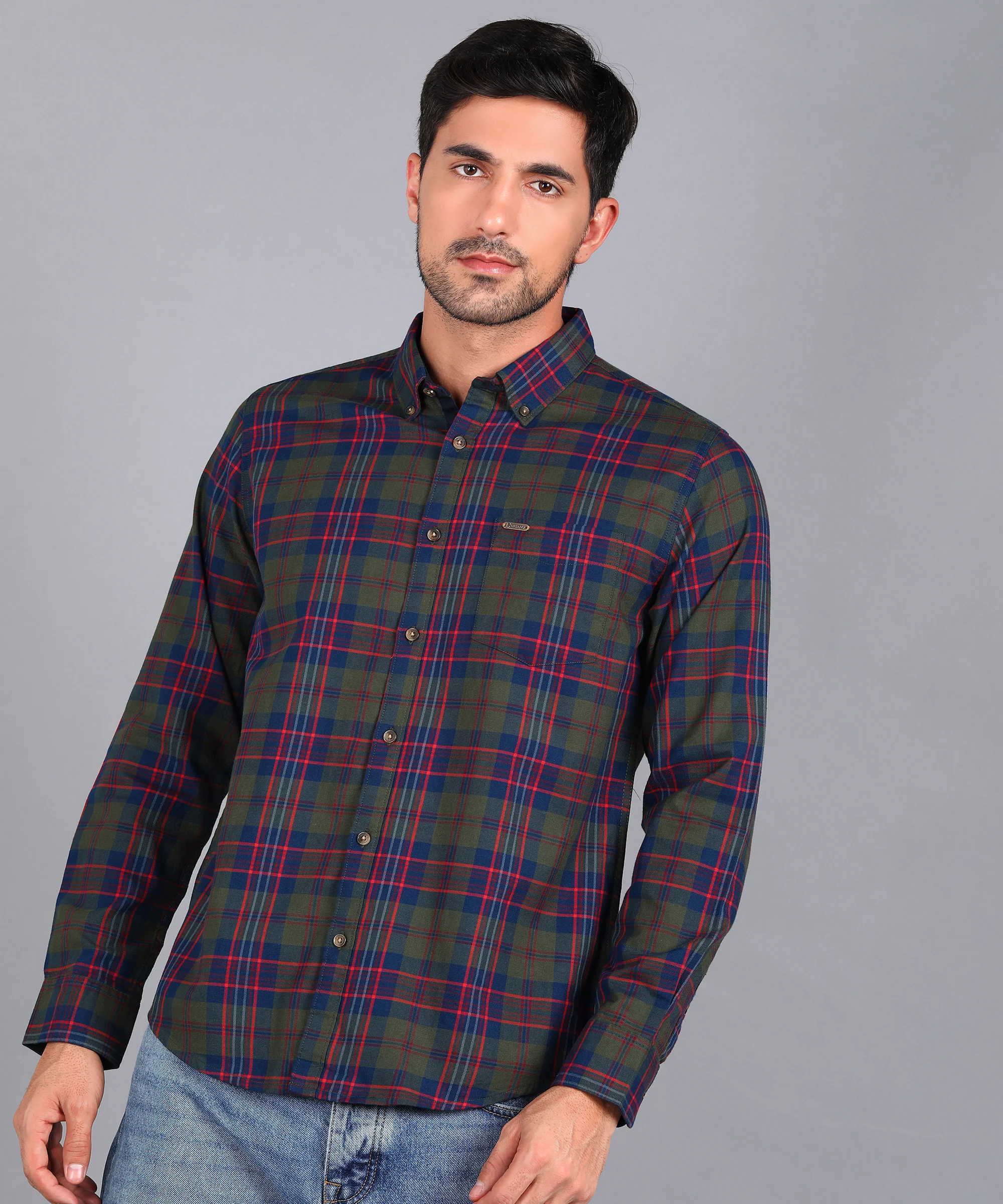 Men's Olive Green Cotton Full Sleeve Slim Fit Casual Checkered Shirt - Image 2