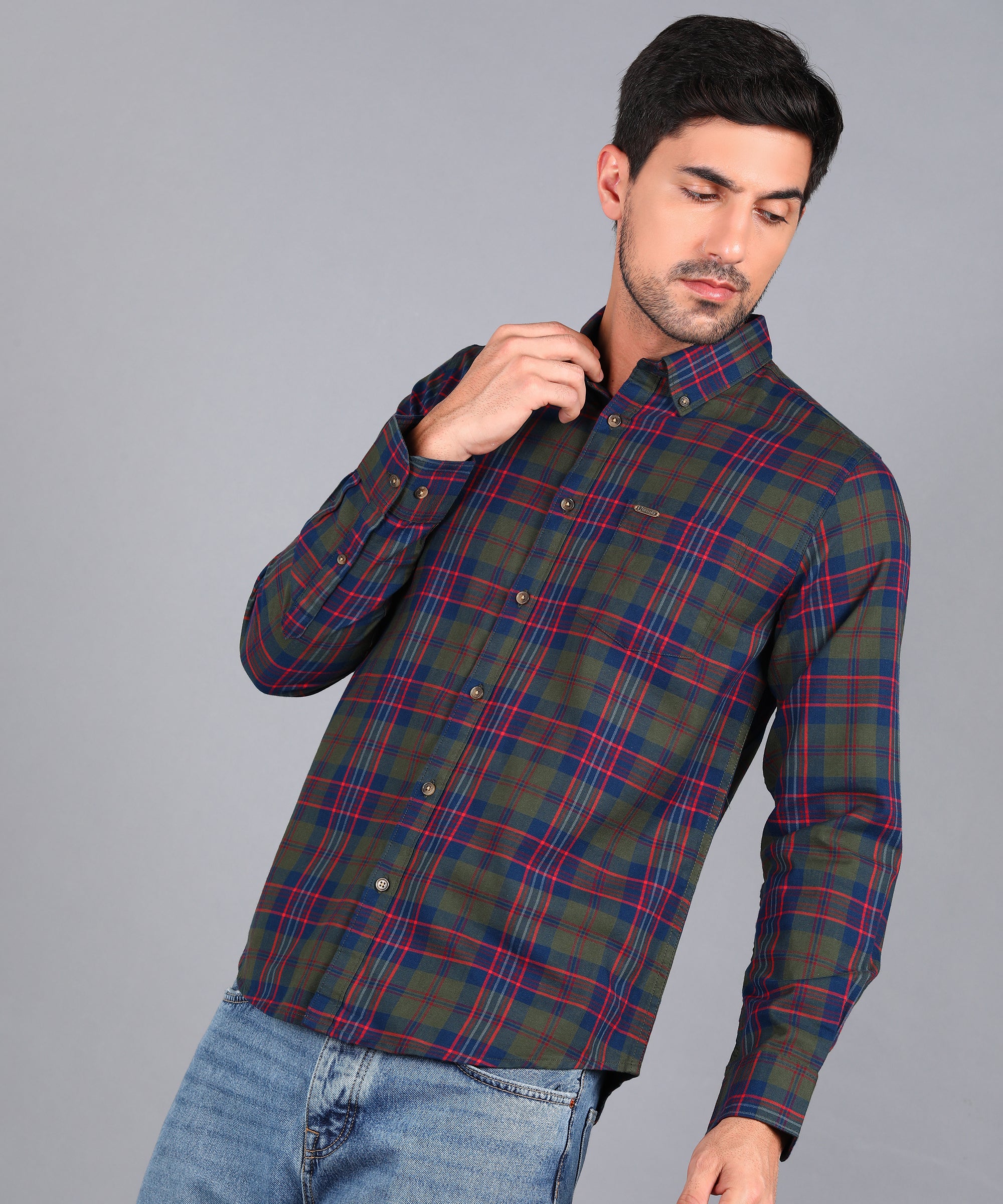 Men's Olive Green Cotton Full Sleeve Slim Fit Casual Checkered Shirt - Image 3