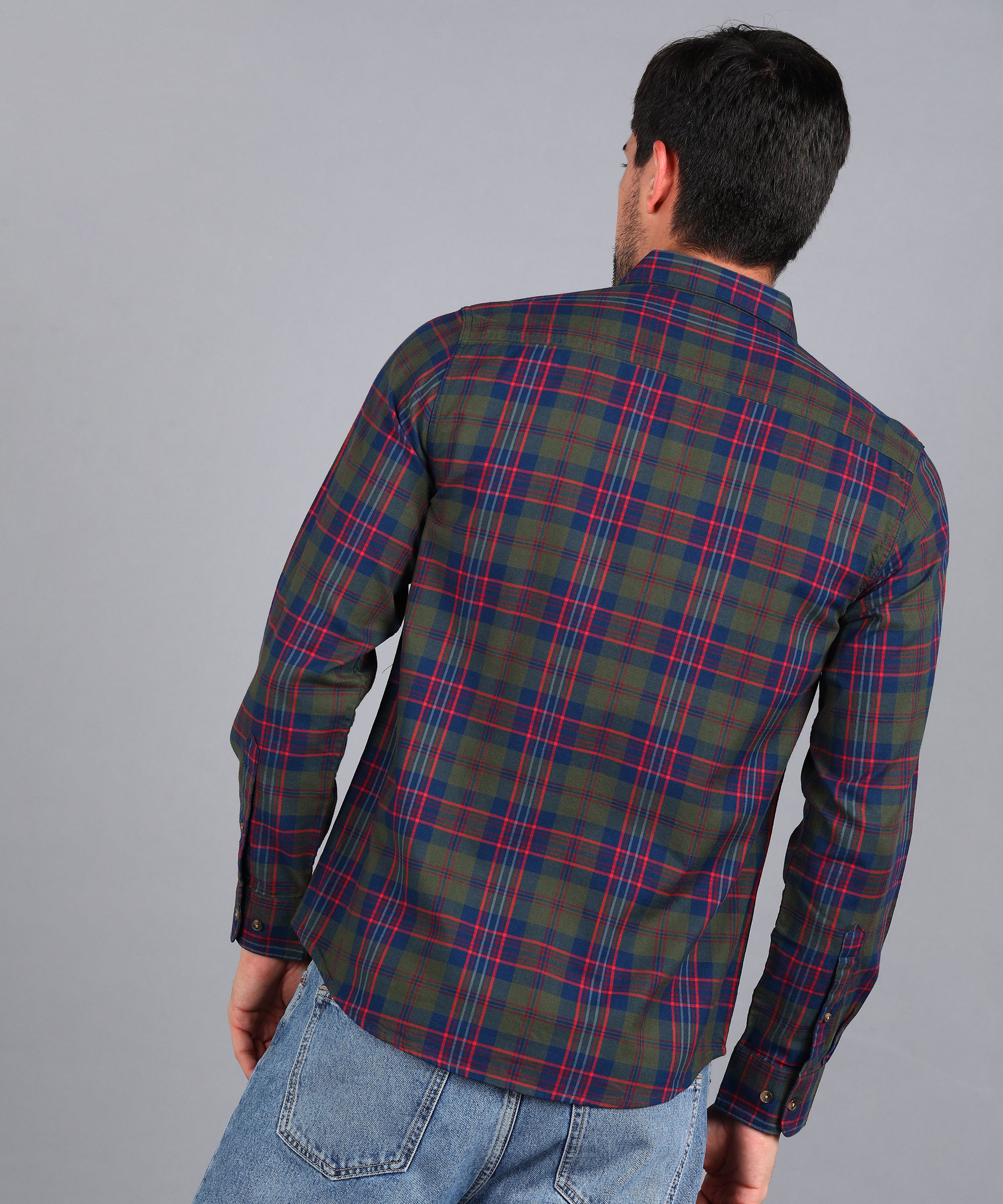 Men's Olive Green Cotton Full Sleeve Slim Fit Casual Checkered Shirt - Image 4