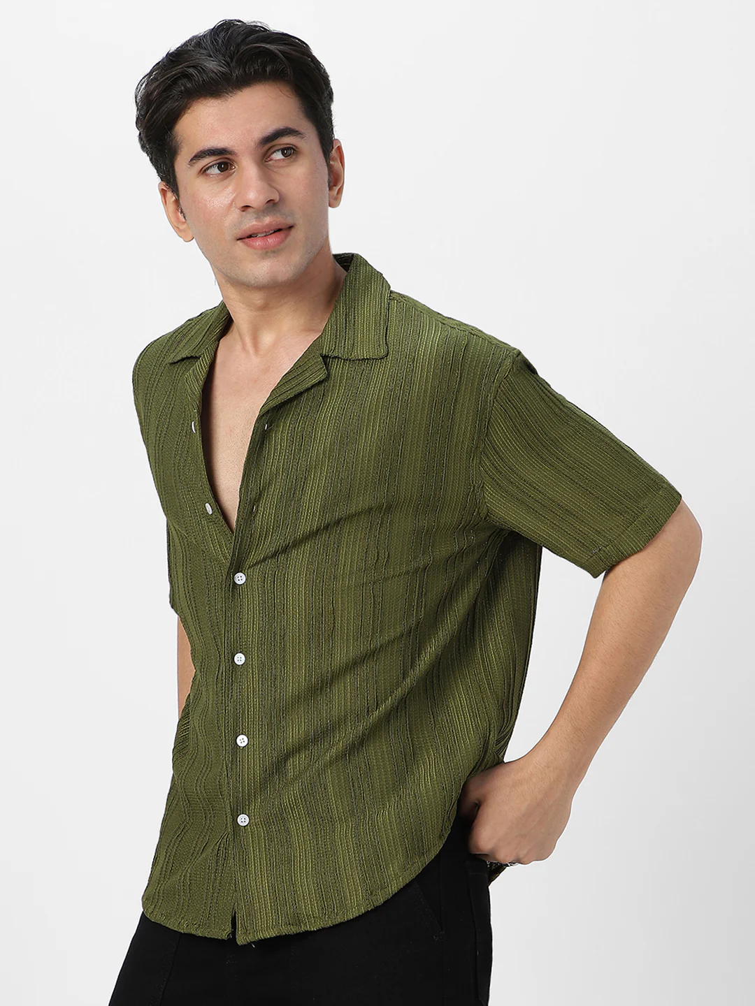 Men's Olive Green Cotton Half Sleeve Oversized Fit Textured Shirt with Cuban Collar - Image 3