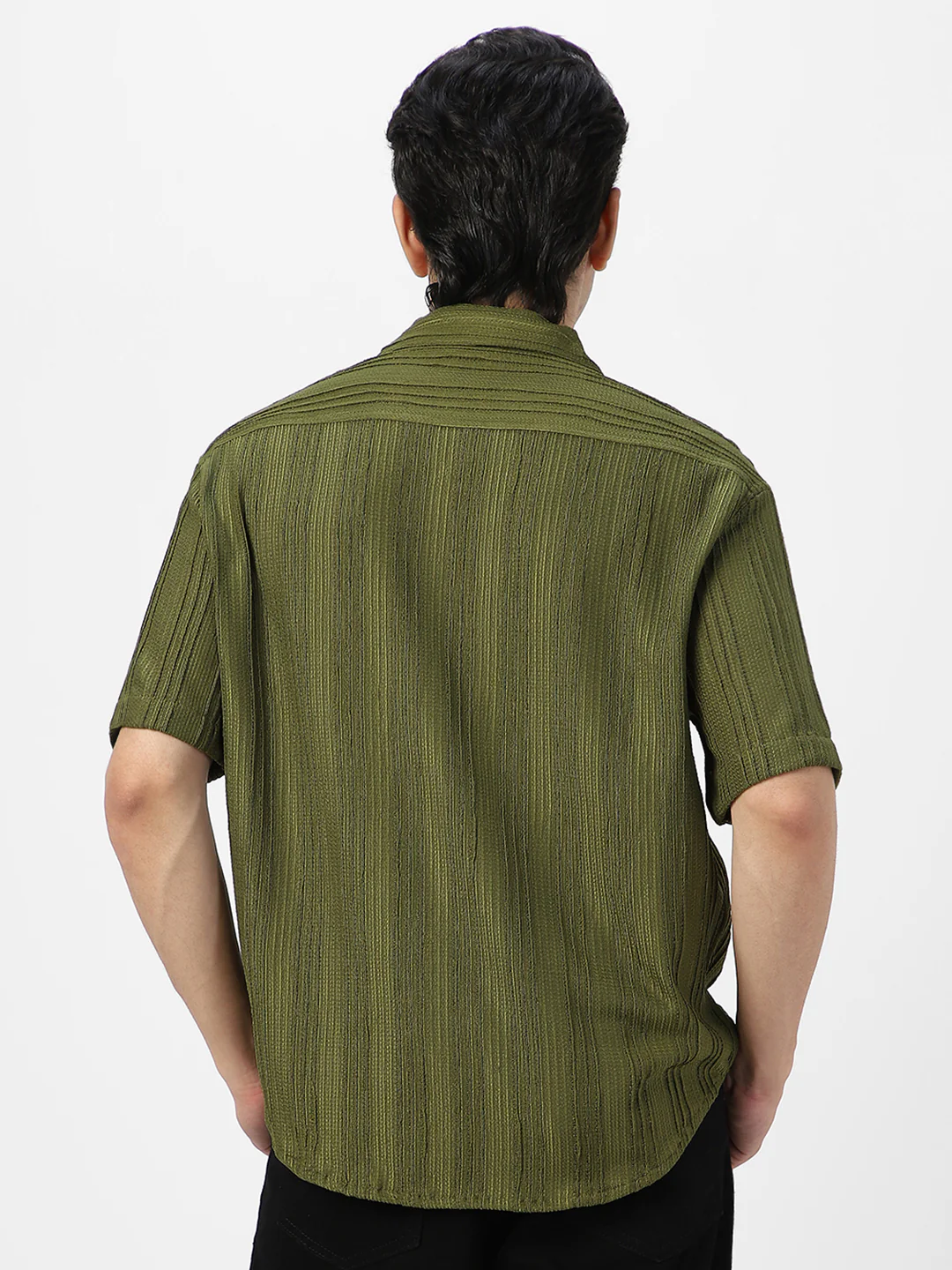 Men's Olive Green Cotton Half Sleeve Oversized Fit Textured Shirt with Cuban Collar - Image 4