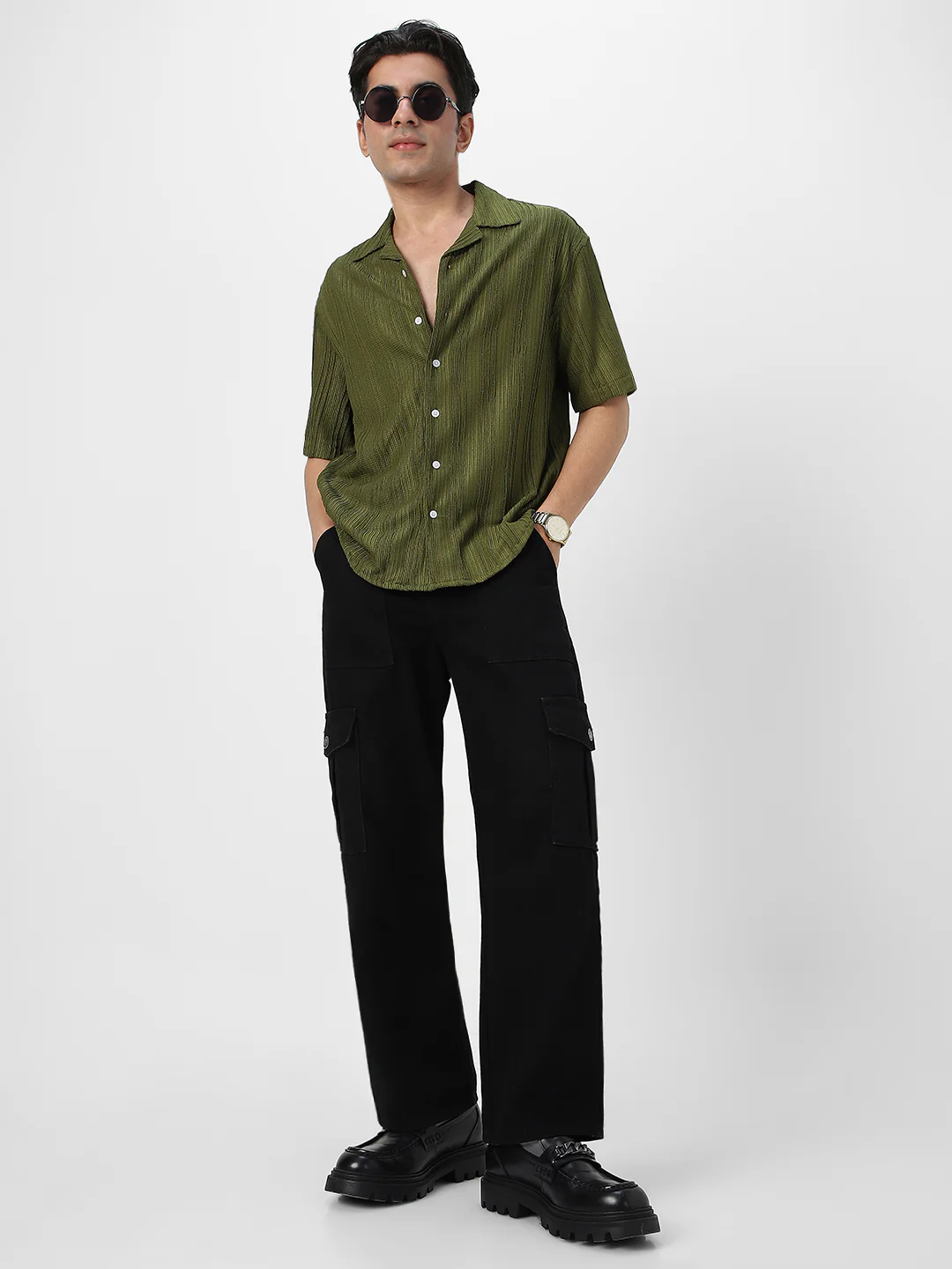 Men's Olive Green Cotton Half Sleeve Oversized Fit Textured Shirt with Cuban Collar - Image 5