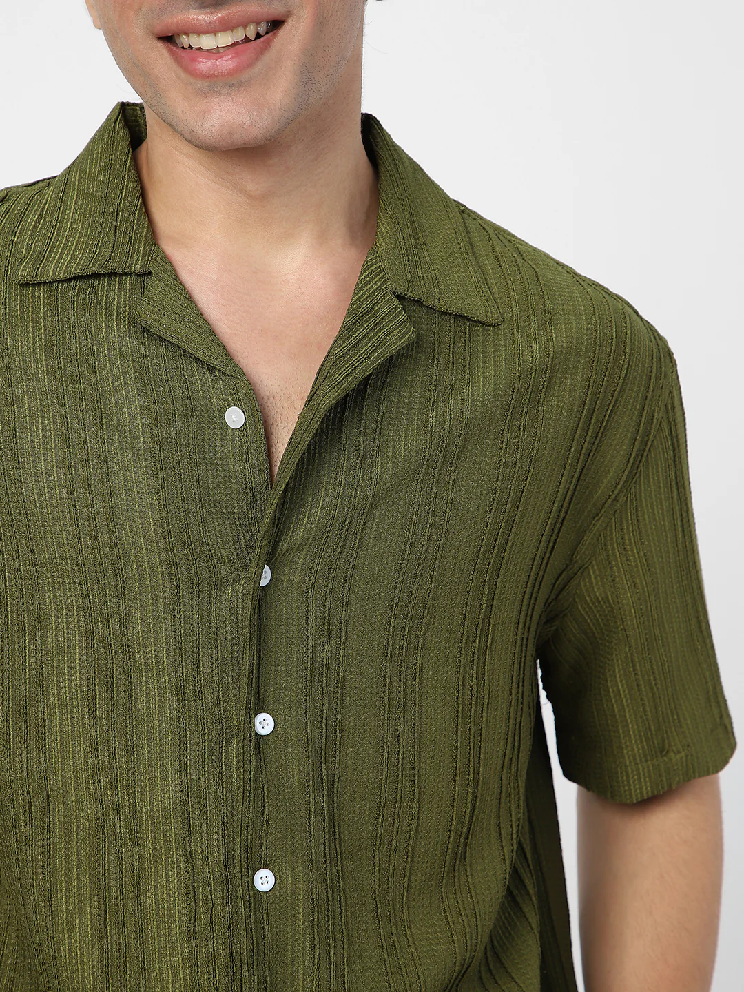 Men's Olive Green Cotton Half Sleeve Oversized Fit Textured Shirt with Cuban Collar - Image 6