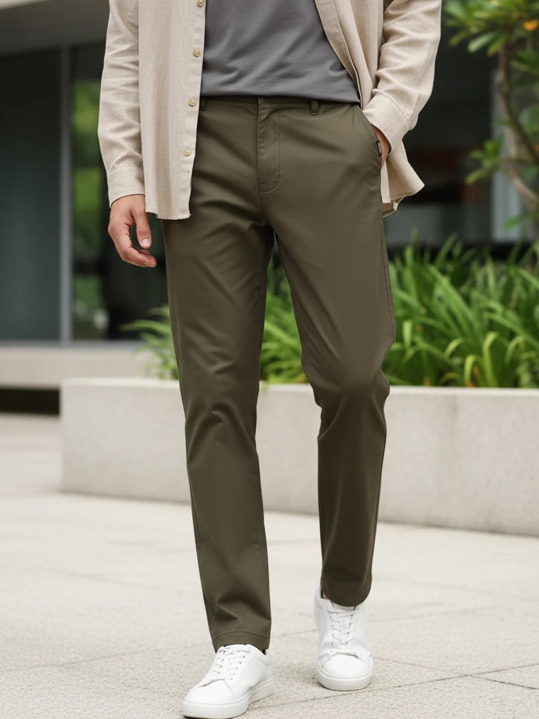 Men's Olive Green Cotton Regular Fit Casual Chinos Trousers Stretch