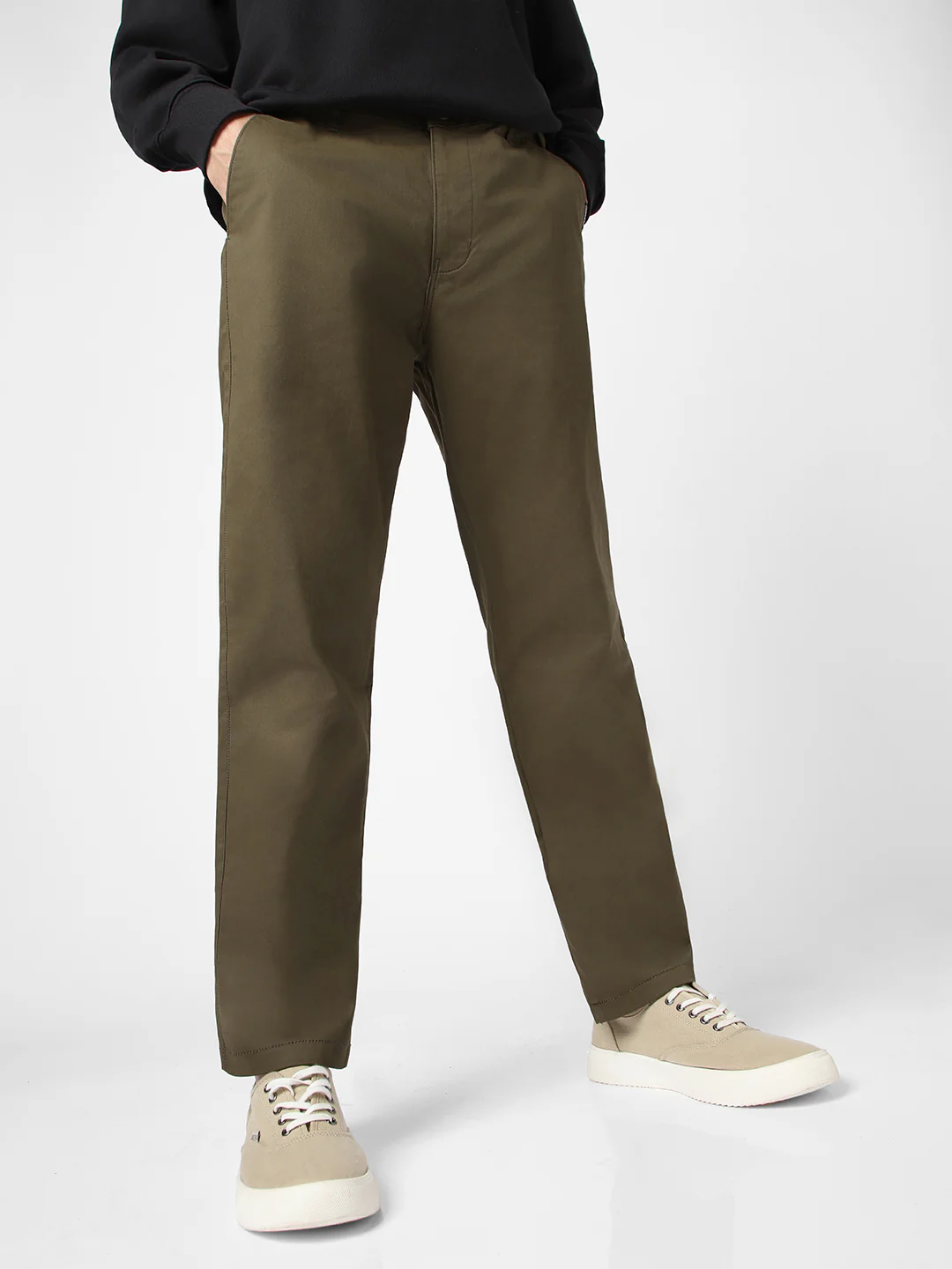 Men's Olive Green Cotton Regular Fit Casual Chinos Trousers Stretch - Image 2