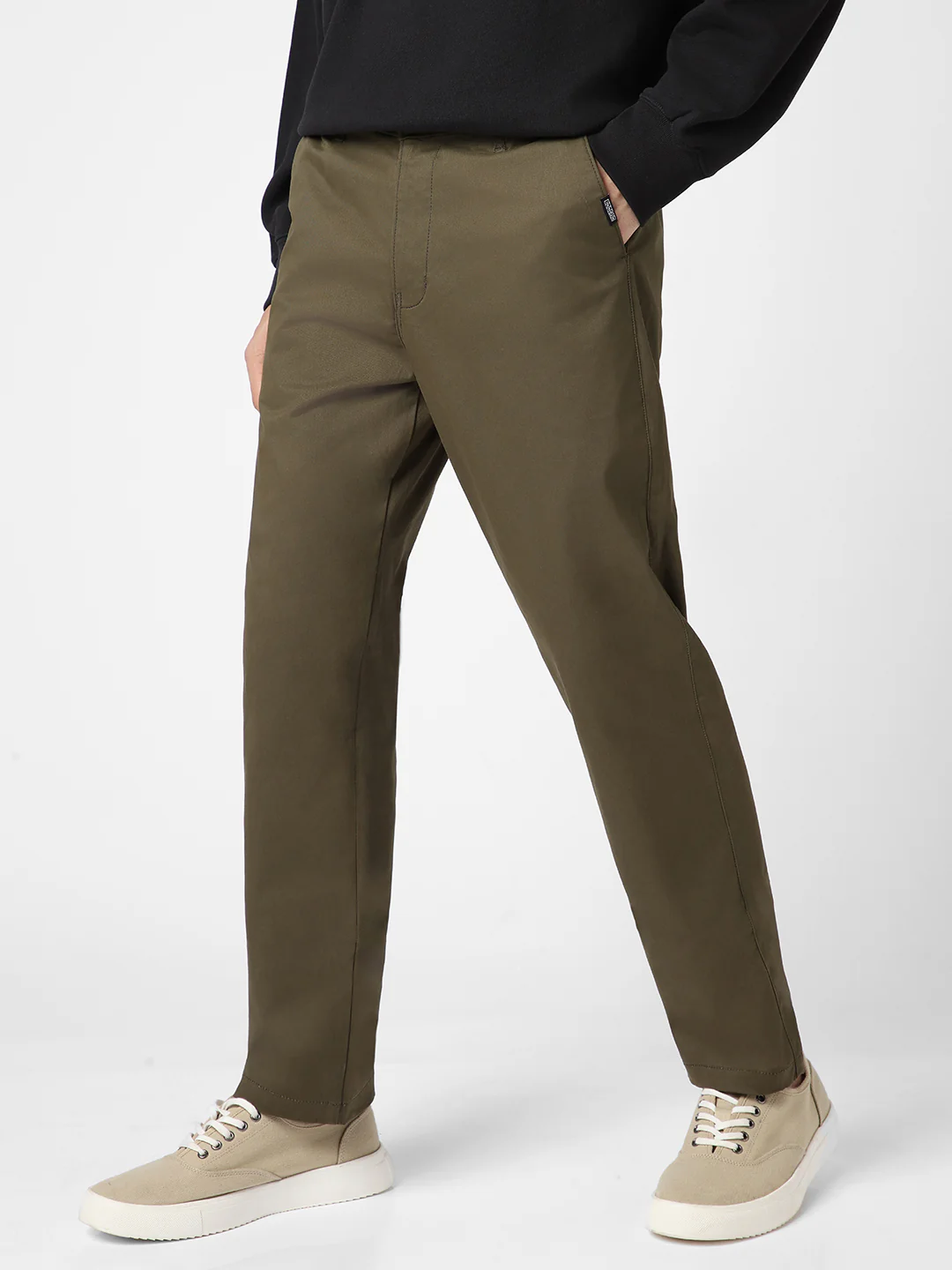 Men's Olive Green Cotton Regular Fit Casual Chinos Trousers Stretch - Image 3
