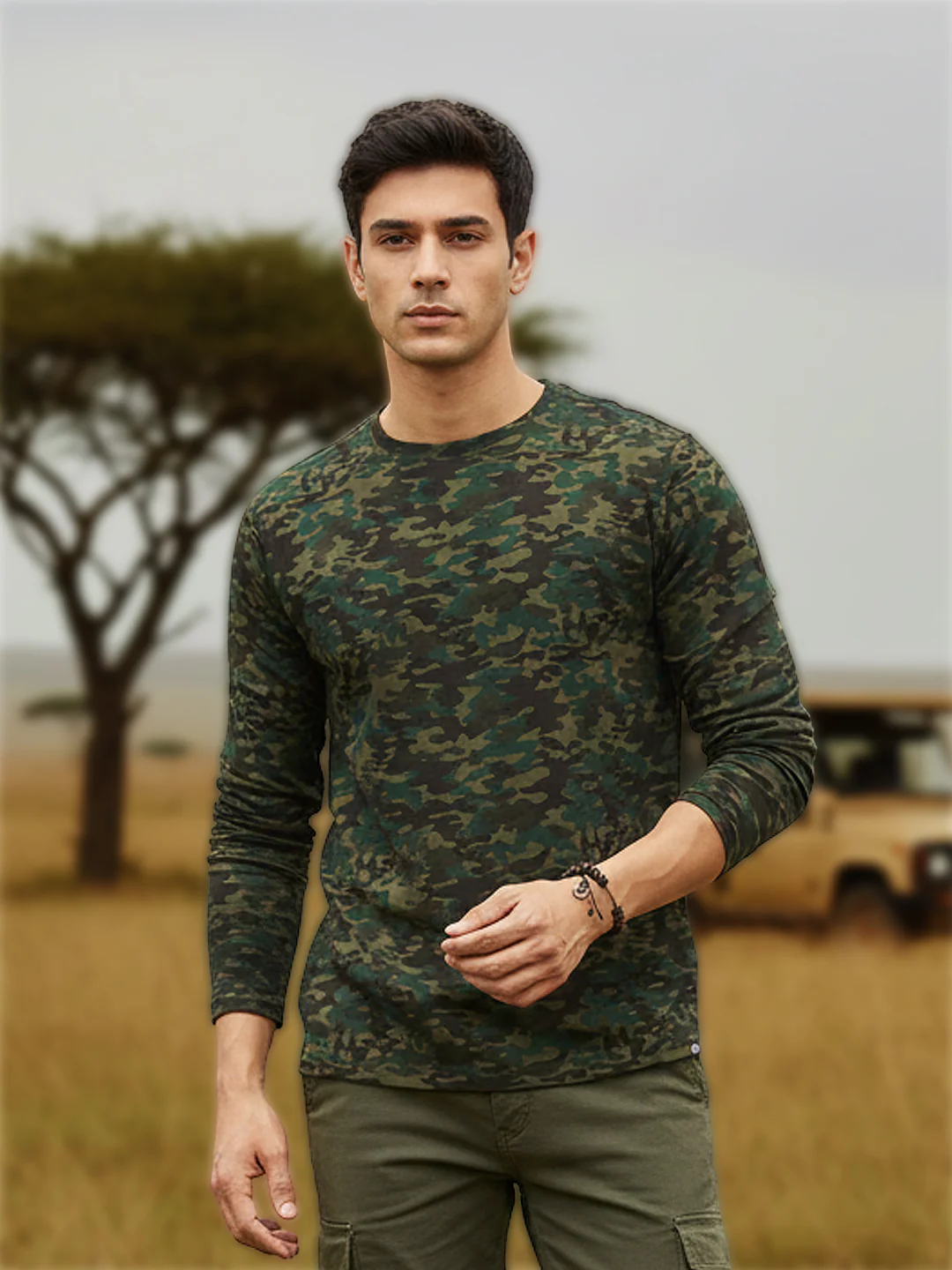 Men's Olive Green, Khaki Military Camouflage Printed Slim Fit Full Sleeve Cotton T-Shirt