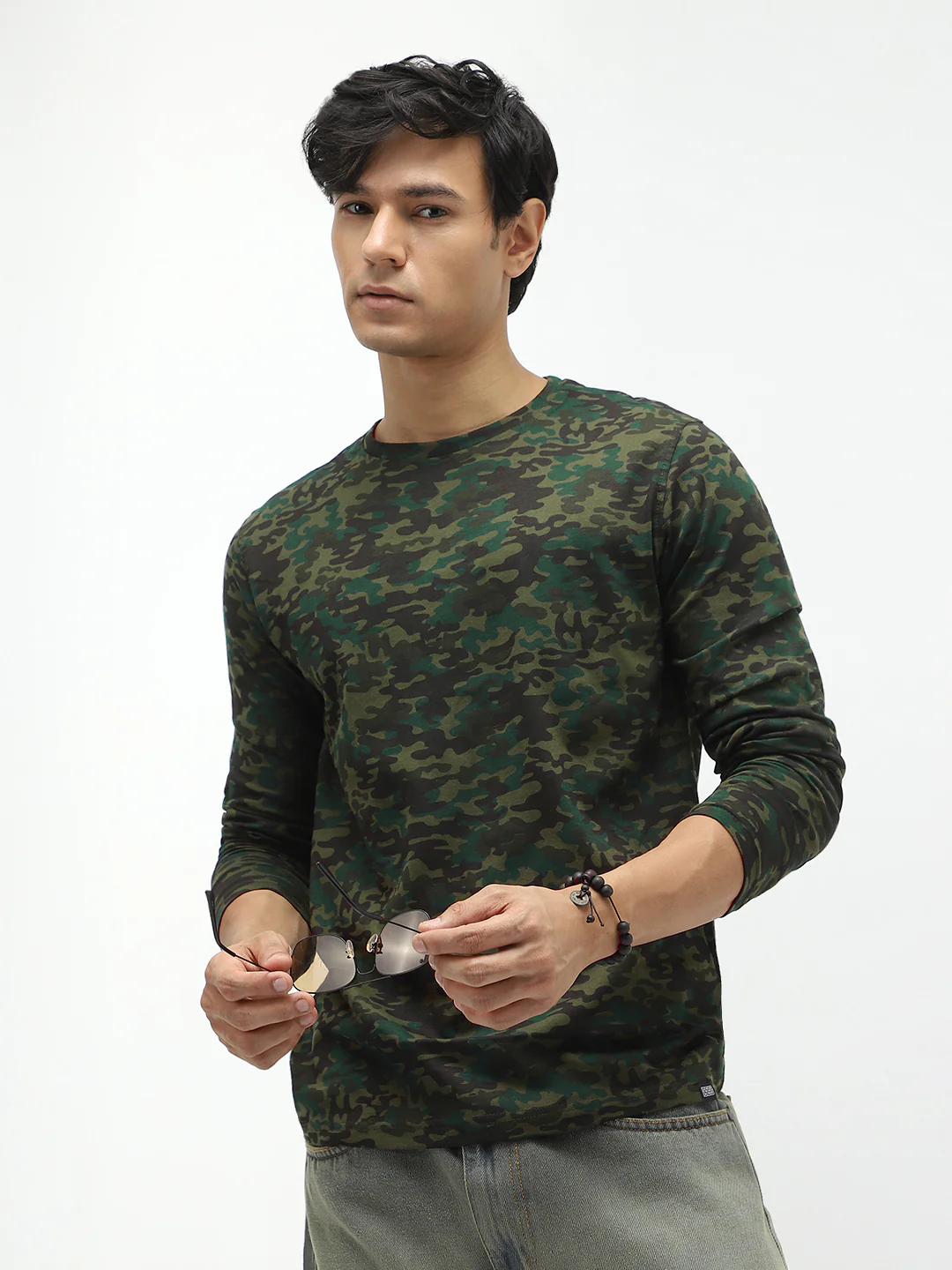 Men's Olive Green, Khaki Military Camouflage Printed Slim Fit Full Sleeve Cotton T-Shirt - Image 2