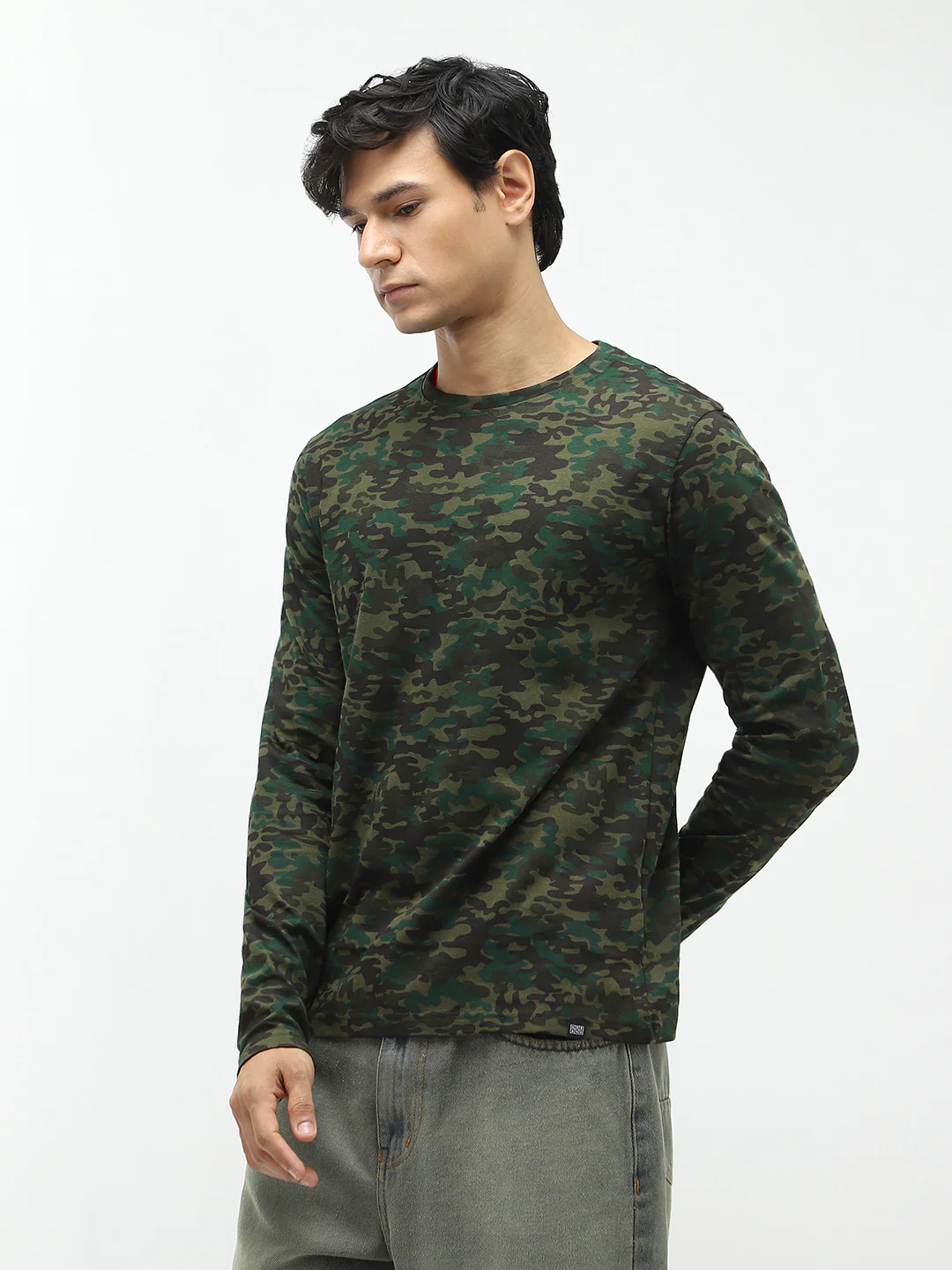 Men's Olive Green, Khaki Military Camouflage Printed Slim Fit Full Sleeve Cotton T-Shirt - Image 3