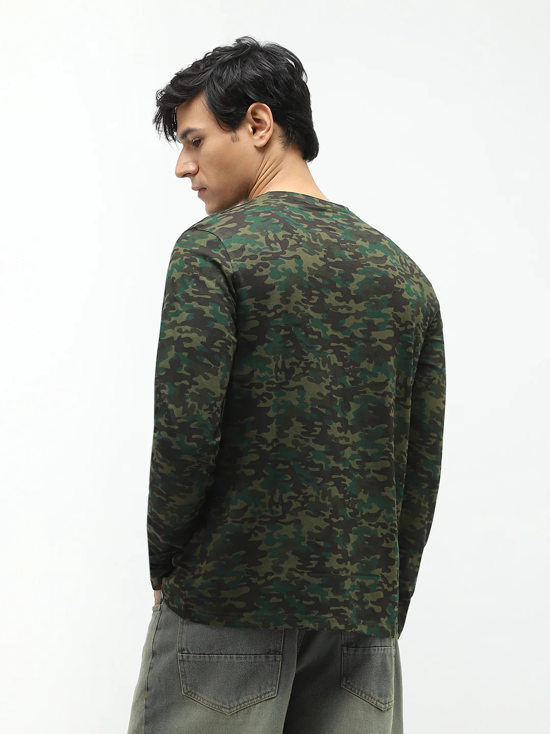 Men's Olive Green, Khaki Military Camouflage Printed Slim Fit Full Sleeve Cotton T-Shirt - Image 4