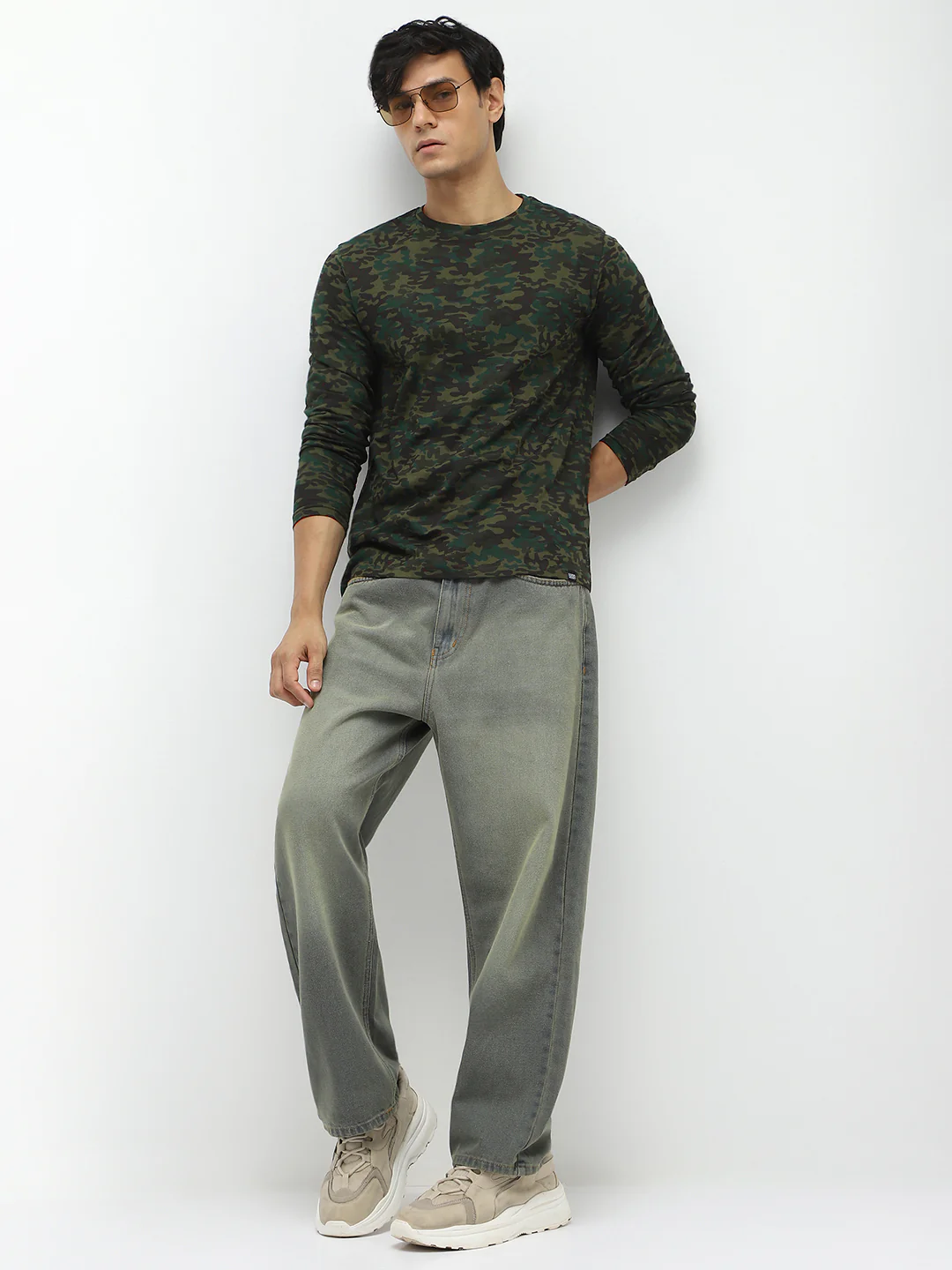 Men's Olive Green, Khaki Military Camouflage Printed Slim Fit Full Sleeve Cotton T-Shirt - Image 5