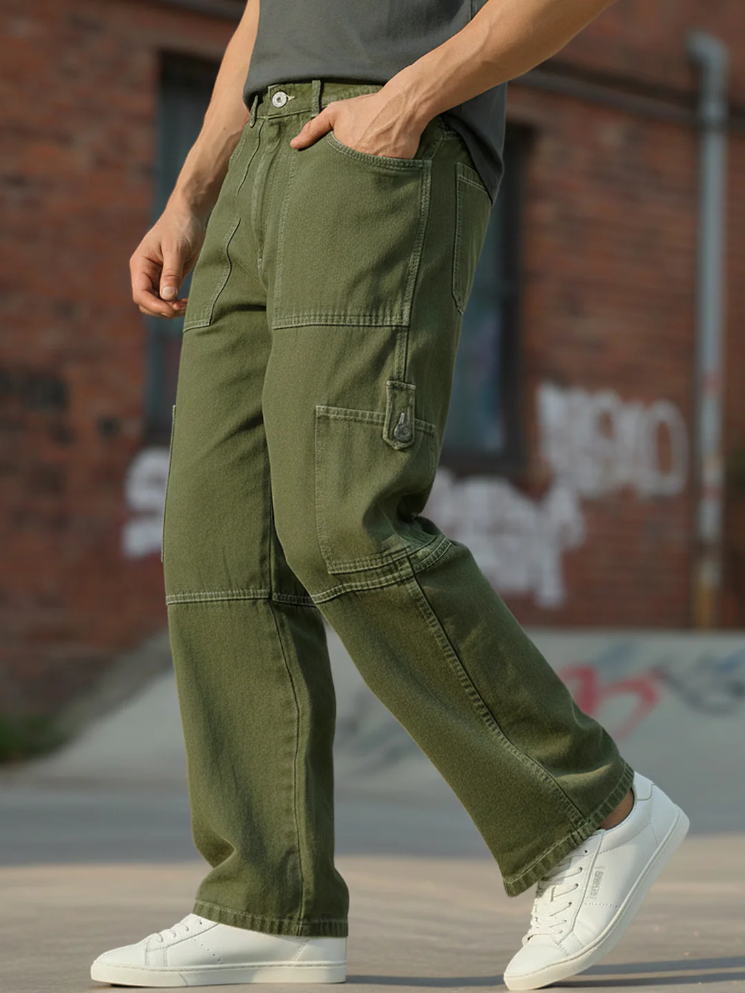 Men's Olive Green Loose Baggy Fit Washed Cargo Jeans with 6 Pockets Non-Stretchable