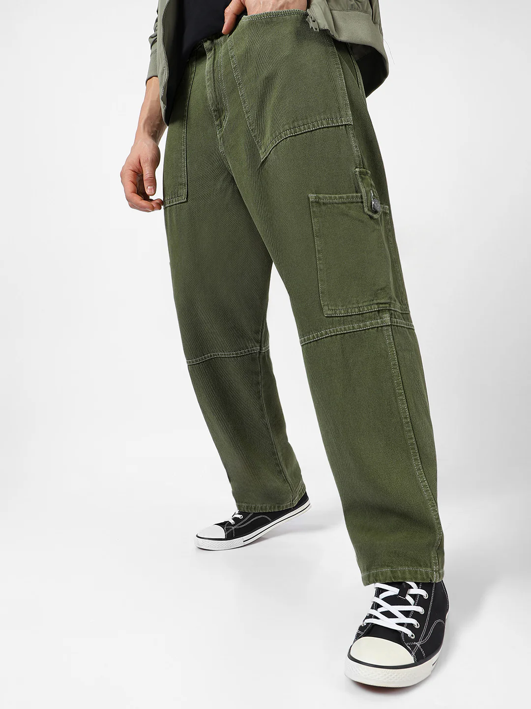 Men's Olive Green Loose Baggy Fit Washed Cargo Jeans with 6 Pockets Non-Stretchable - Image 2