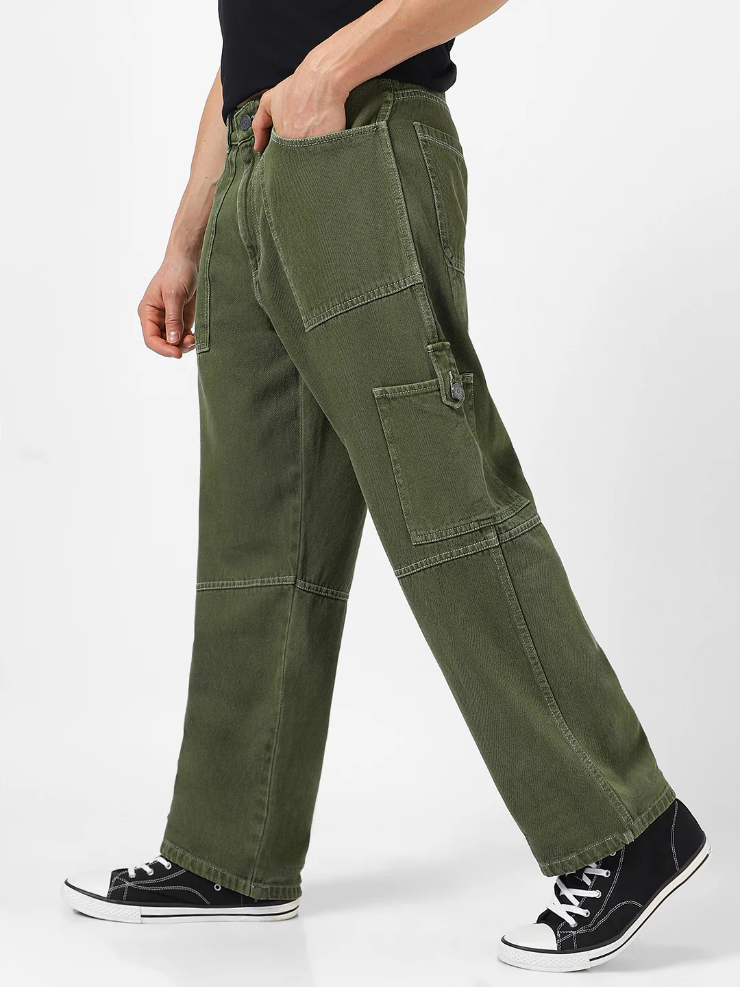 Men's Olive Green Loose Baggy Fit Washed Cargo Jeans with 6 Pockets Non-Stretchable - Image 3