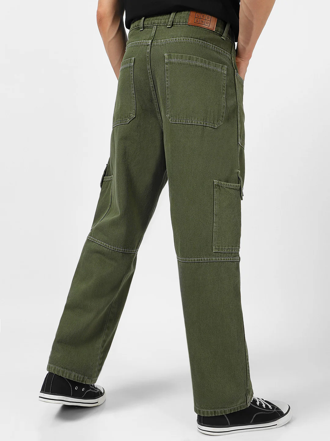Men's Olive Green Loose Baggy Fit Washed Cargo Jeans with 6 Pockets Non-Stretchable - Image 4