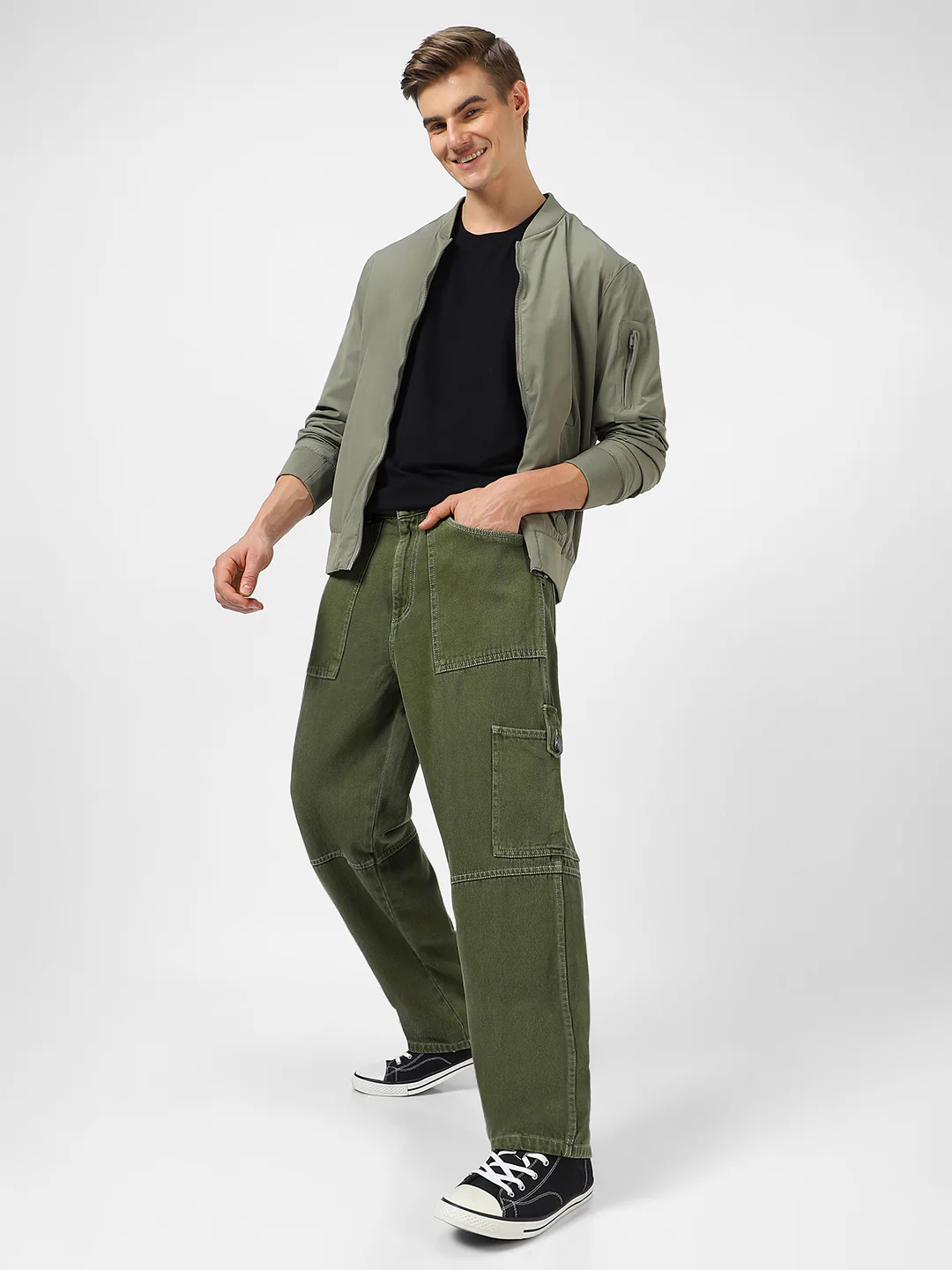 Men's Olive Green Loose Baggy Fit Washed Cargo Jeans with 6 Pockets Non-Stretchable - Image 5