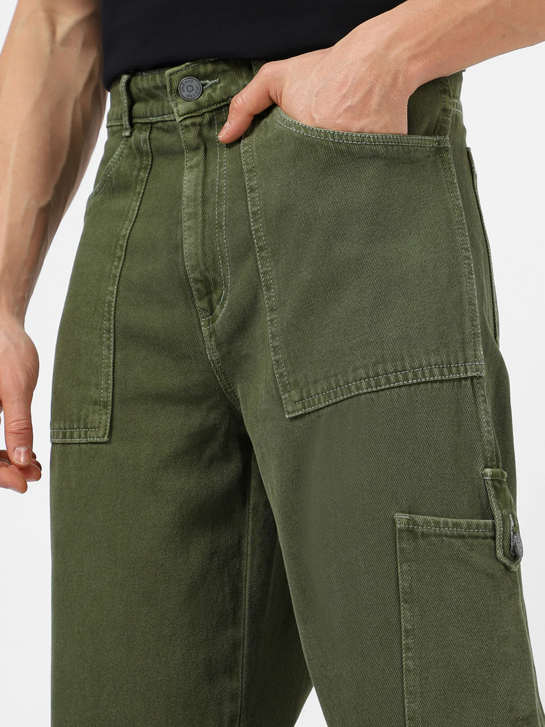 Men's Olive Green Loose Baggy Fit Washed Cargo Jeans with 6 Pockets Non-Stretchable - Image 6
