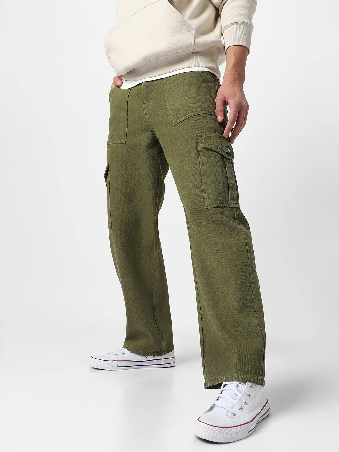 Men's Olive Green Loose Fit Cargo Jeans with 6 Pockets Non-Stretchable - Image 2