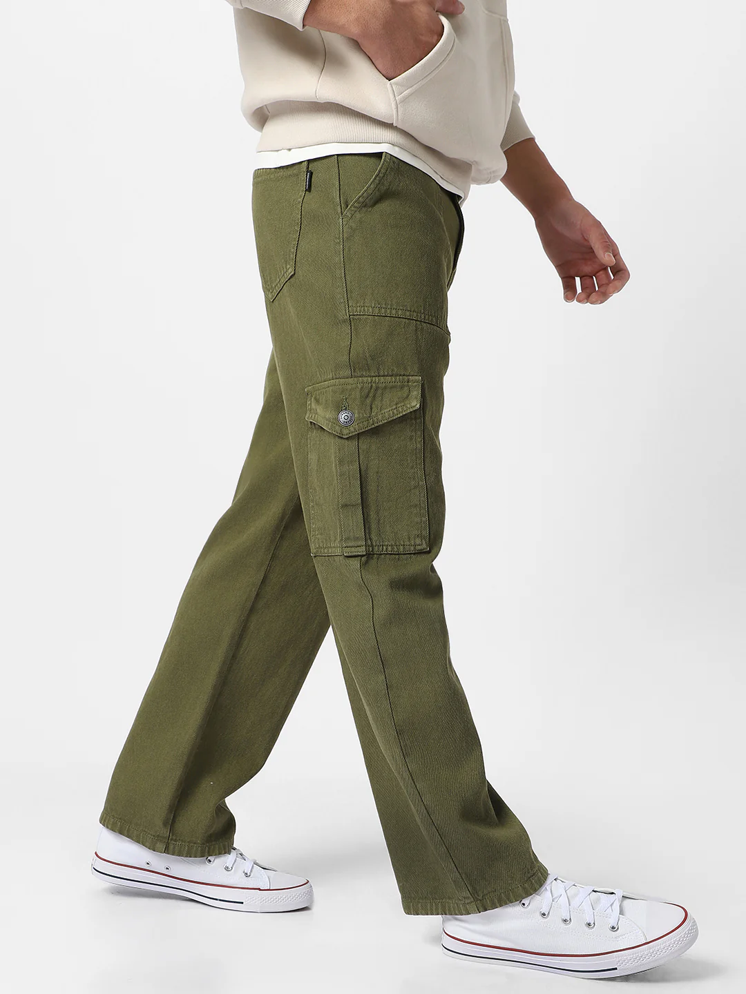 Men's Olive Green Loose Fit Cargo Jeans with 6 Pockets Non-Stretchable - Image 3