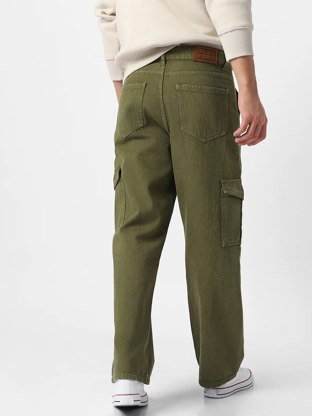Men's Olive Green Loose Fit Cargo Jeans with 6 Pockets Non-Stretchable - Image 4