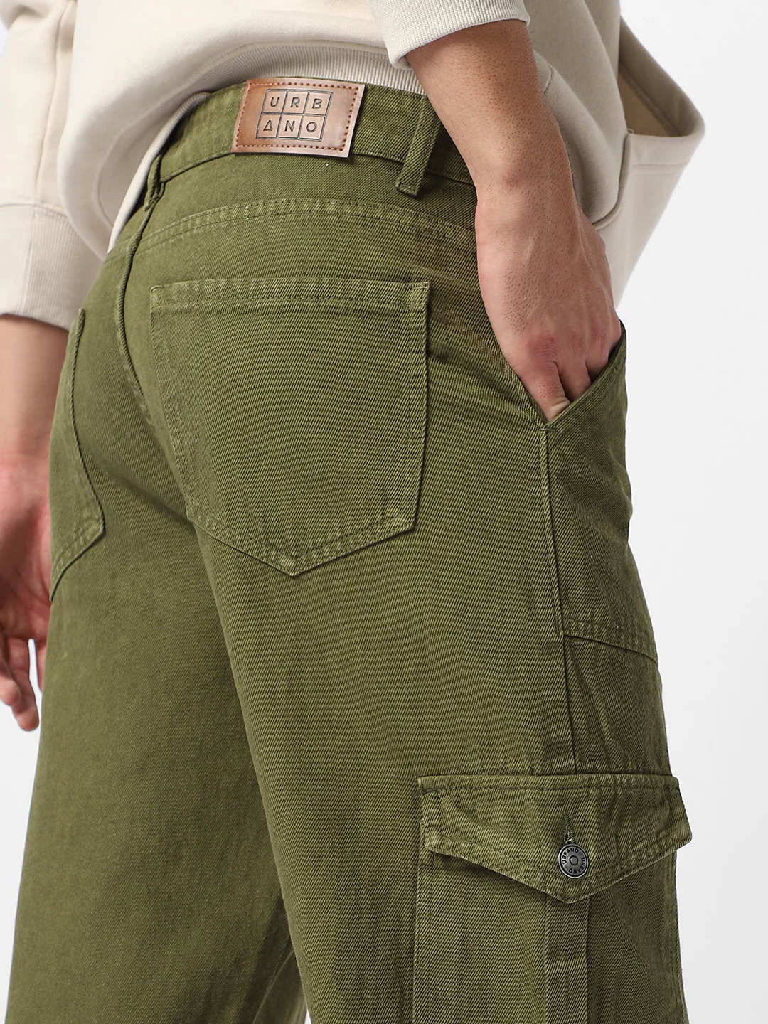 Men's Olive Green Loose Fit Cargo Jeans with 6 Pockets Non-Stretchable - Image 6