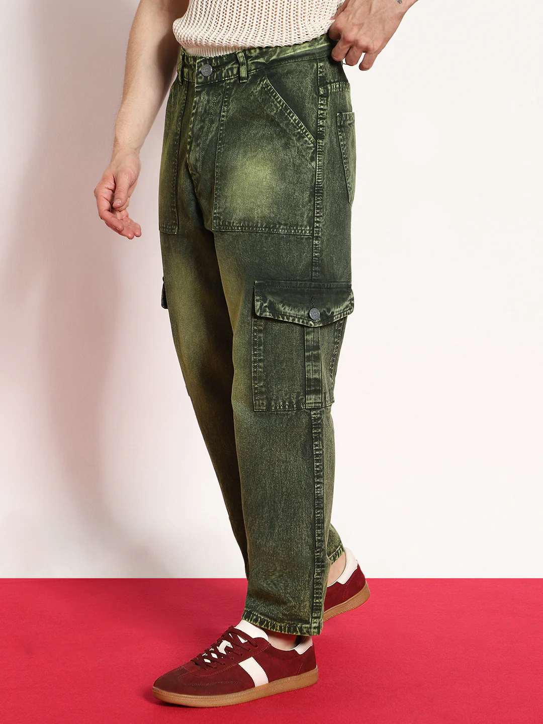 Men's Olive Green Loose Baggy Fit Washed Cargo Jeans with 6 Pockets Non-Stretchable - Image 2
