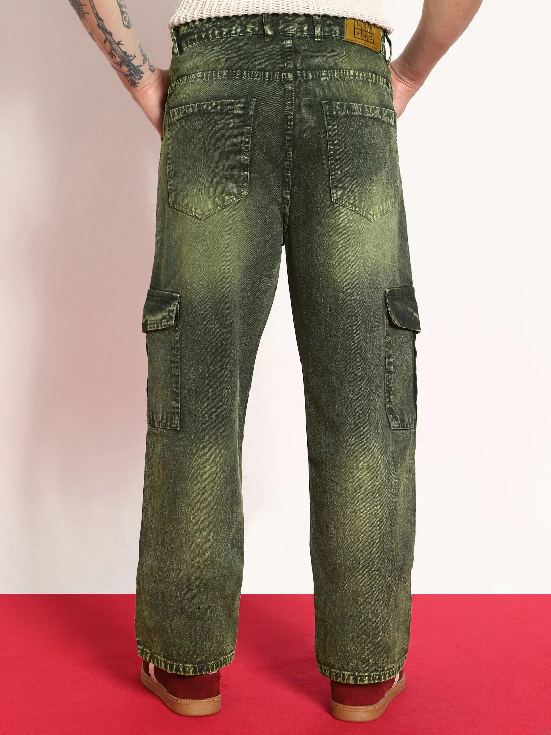 Men's Olive Green Loose Baggy Fit Washed Cargo Jeans with 6 Pockets Non-Stretchable - Image 3