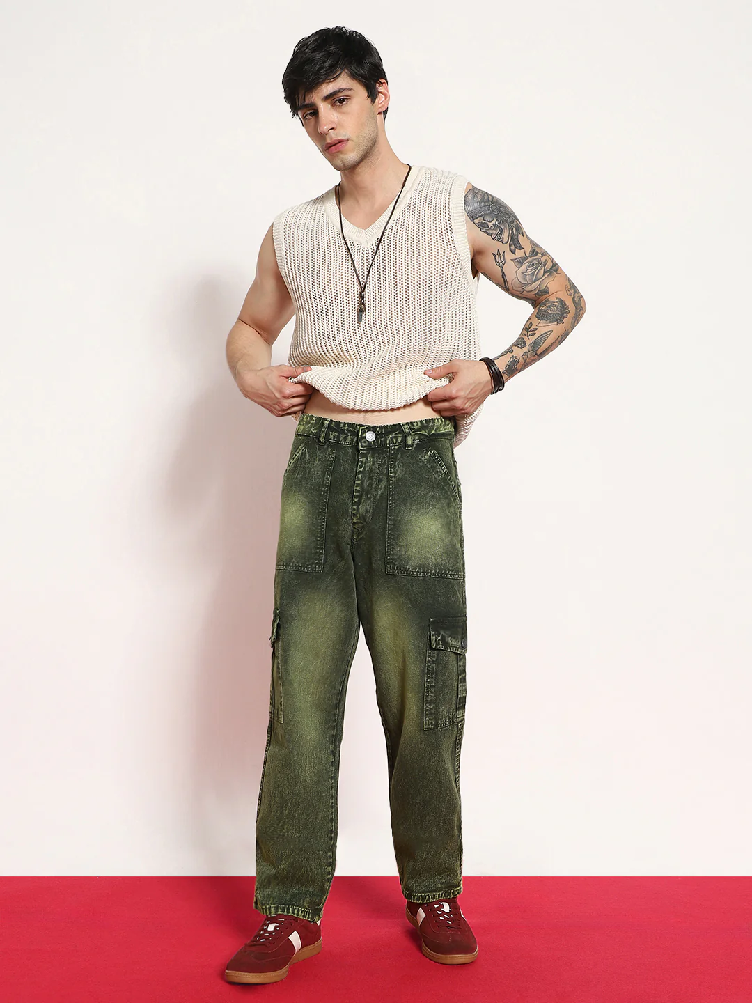 Men's Olive Green Loose Baggy Fit Washed Cargo Jeans with 6 Pockets Non-Stretchable - Image 4