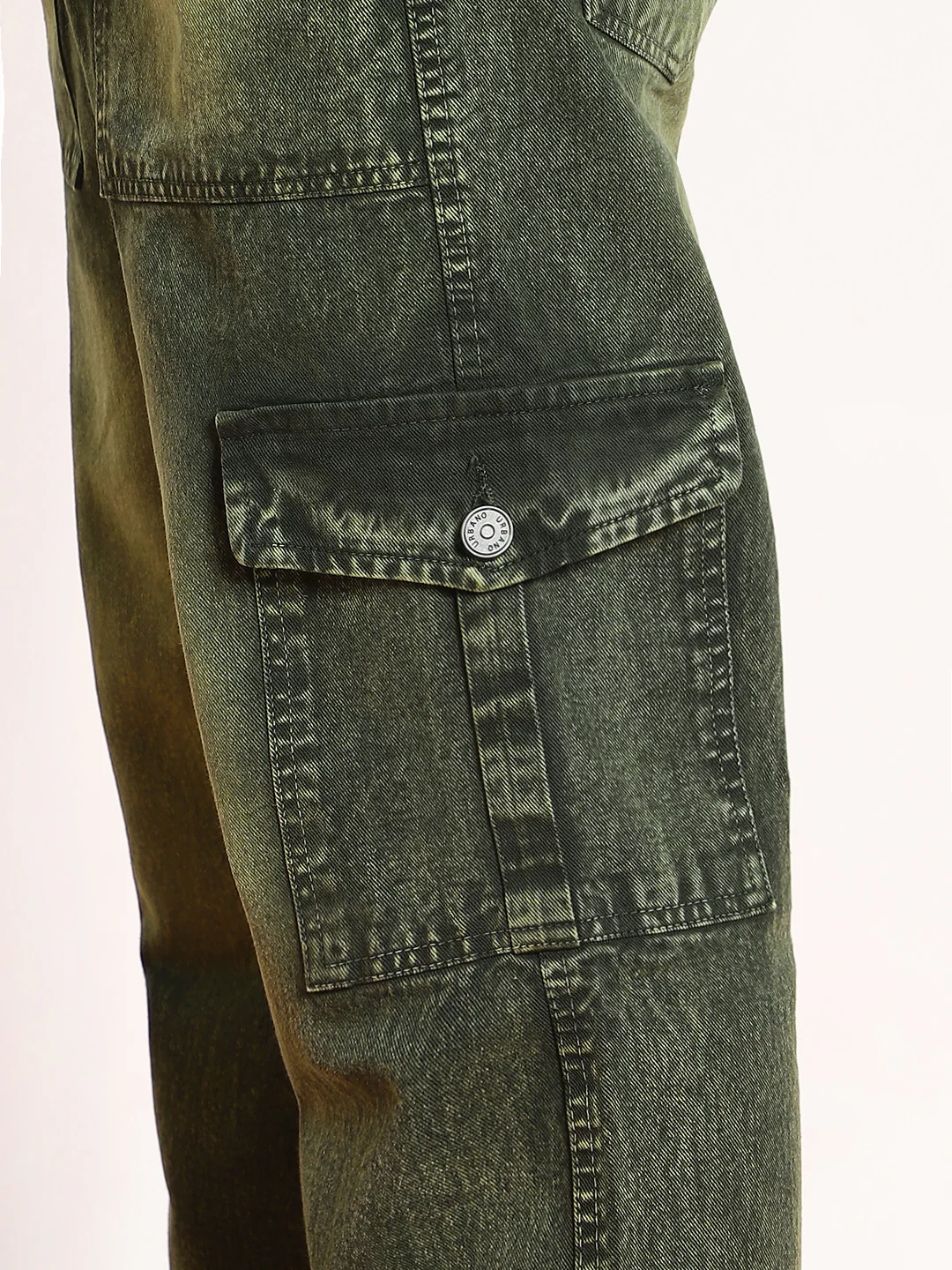 Men's Olive Green Loose Baggy Fit Washed Cargo Jeans with 6 Pockets Non-Stretchable - Image 5