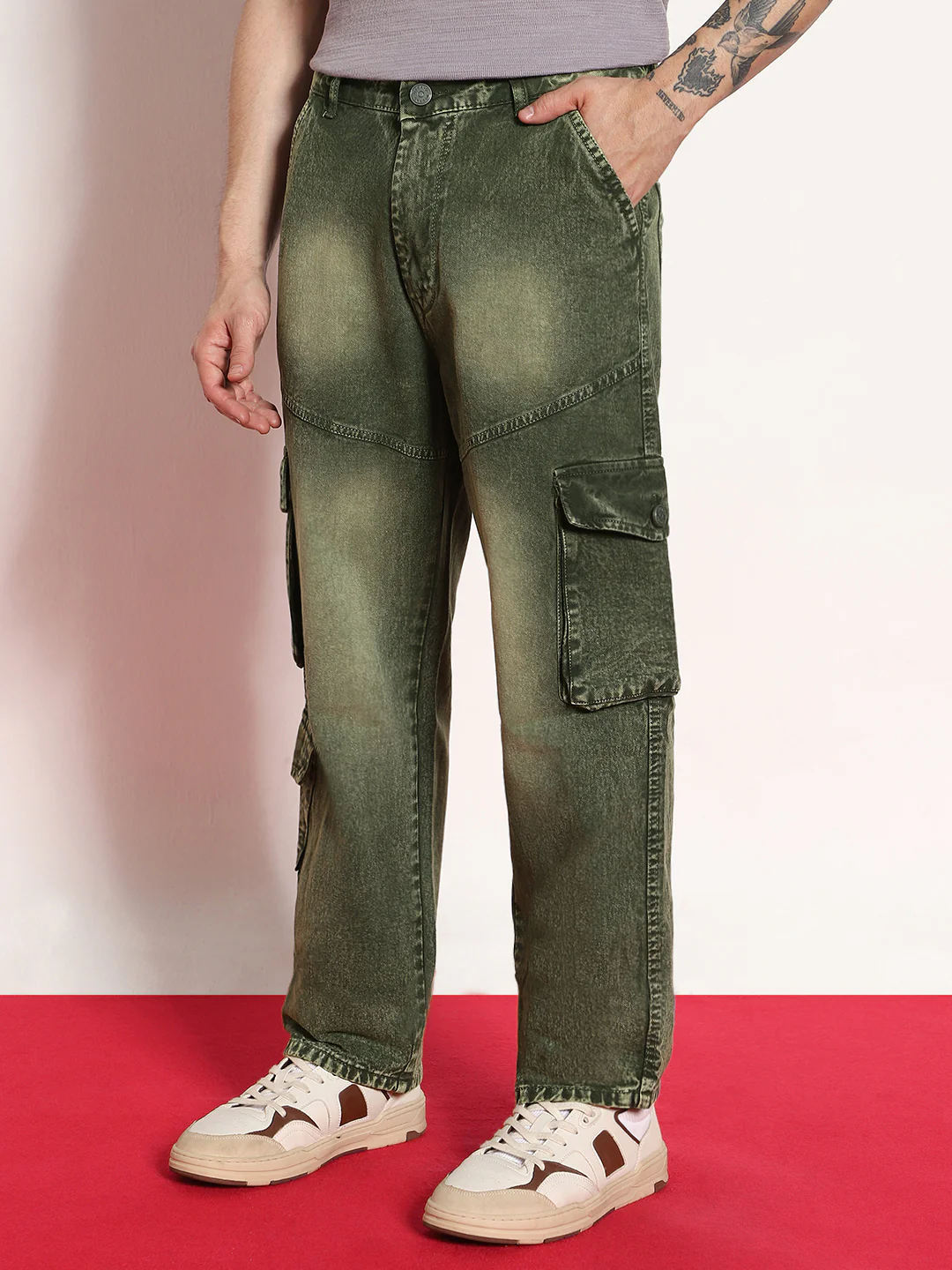 Men's Olive Green Loose Baggy Fit Washed Cargo Jeans with 7 Pockets Non-Stretchable - Image 2