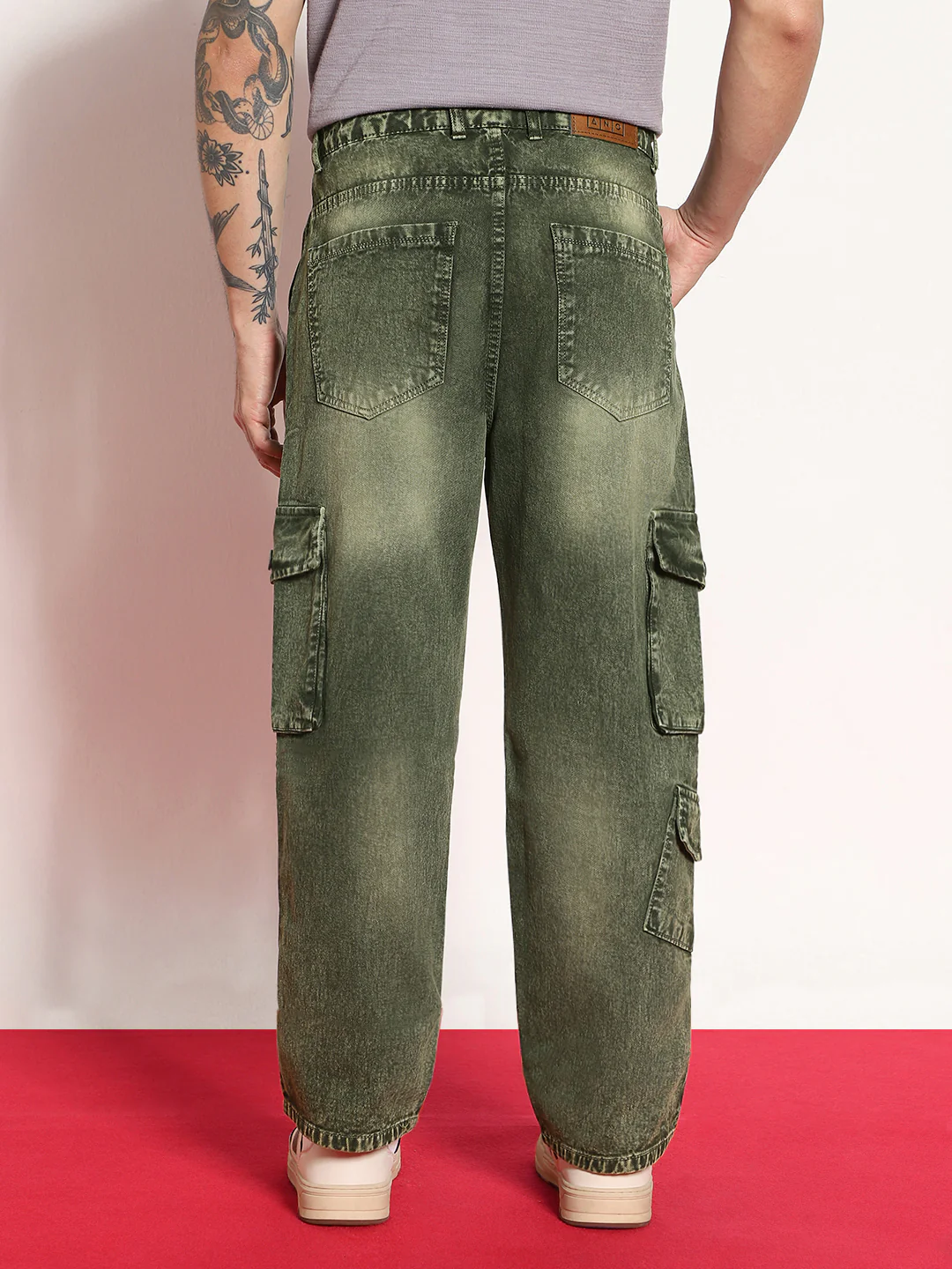 Men's Olive Green Loose Baggy Fit Washed Cargo Jeans with 7 Pockets Non-Stretchable - Image 3